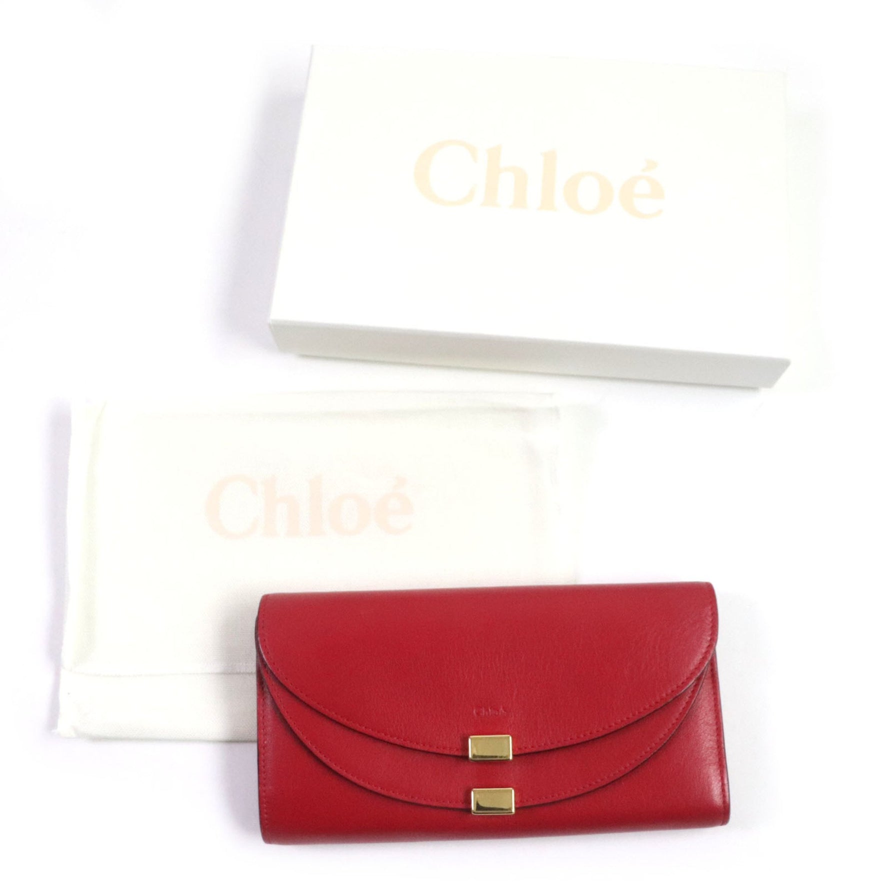 Chloé Chloe GEORGIA Leather Double-Flap Bi-Fold Long Wallet in Red with Gold Hardware, Box and Dust Bag Included, Made Spain