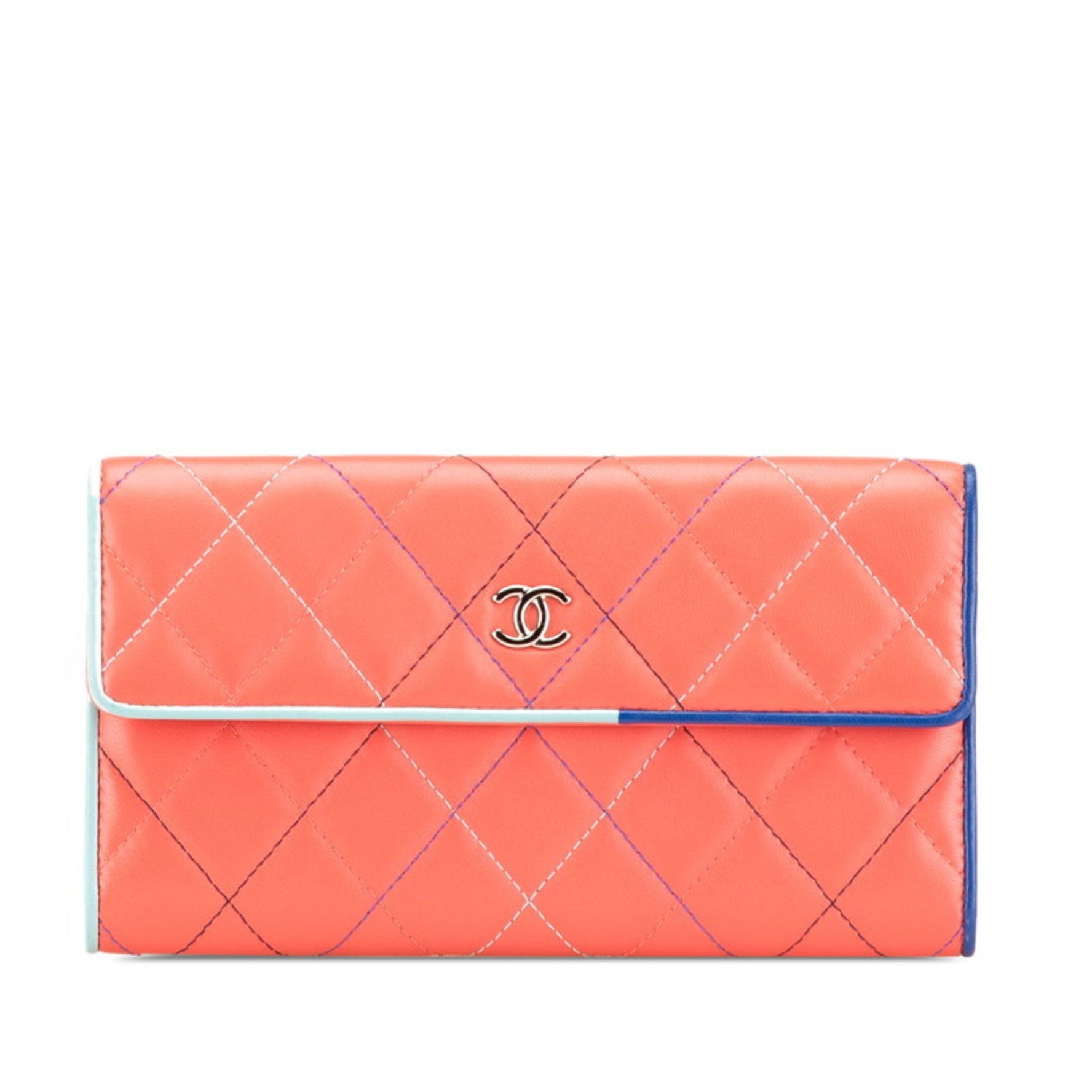 Chanel Matelasse Coco Mark Long Wallet Orange Blue Lambskin