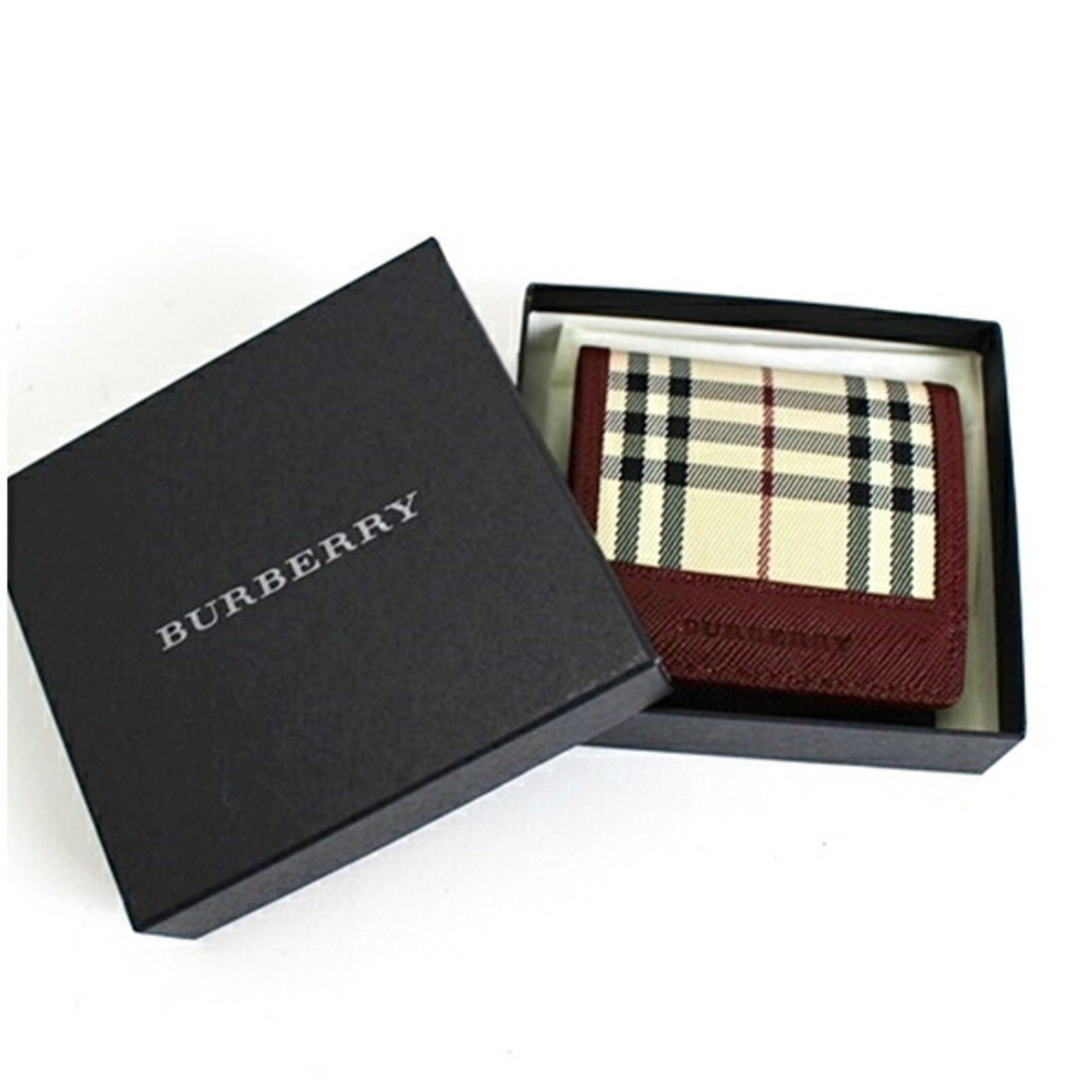 Burberry Coin Case Nova Check Beige x Wine Red