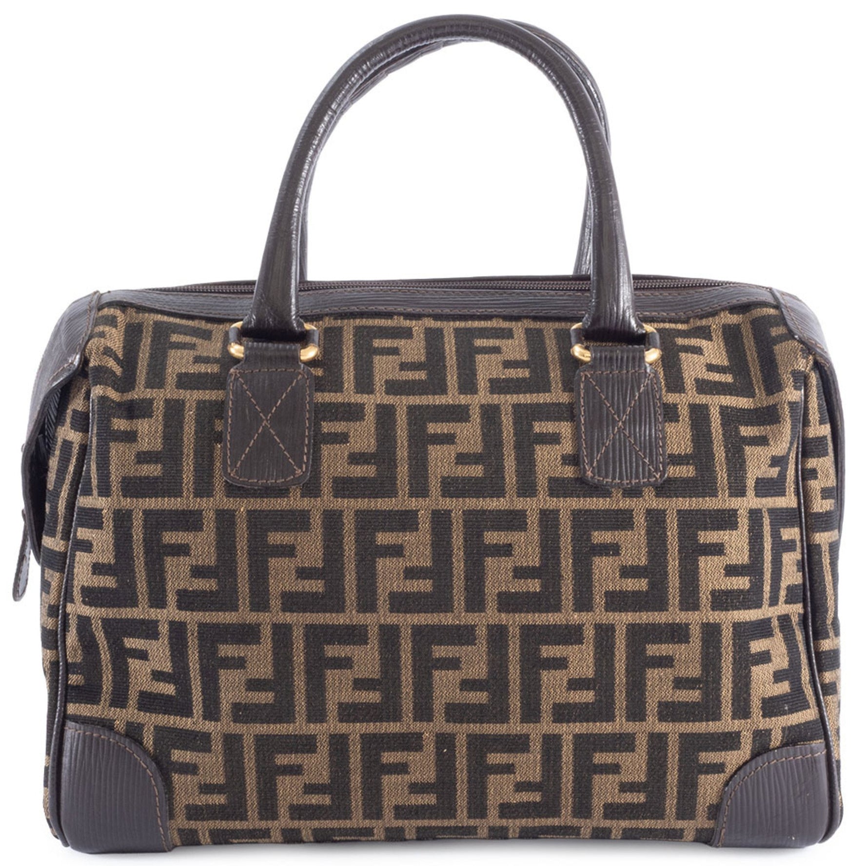 Fendi Zucca handbag in canvas and leather beige brown. Boston bag.