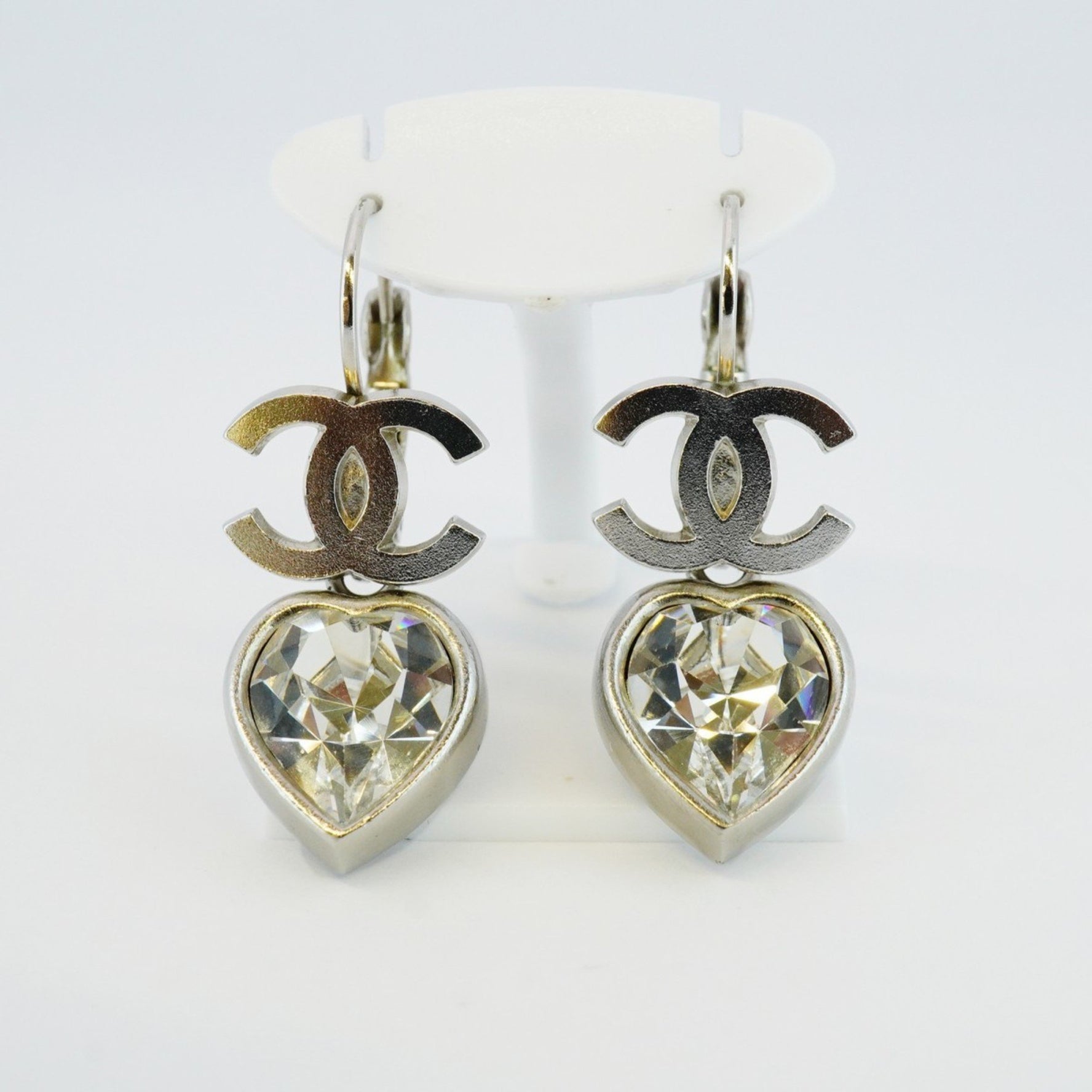 Chanel Coco Mark Heart Motif Metal Rhinestone Earrings