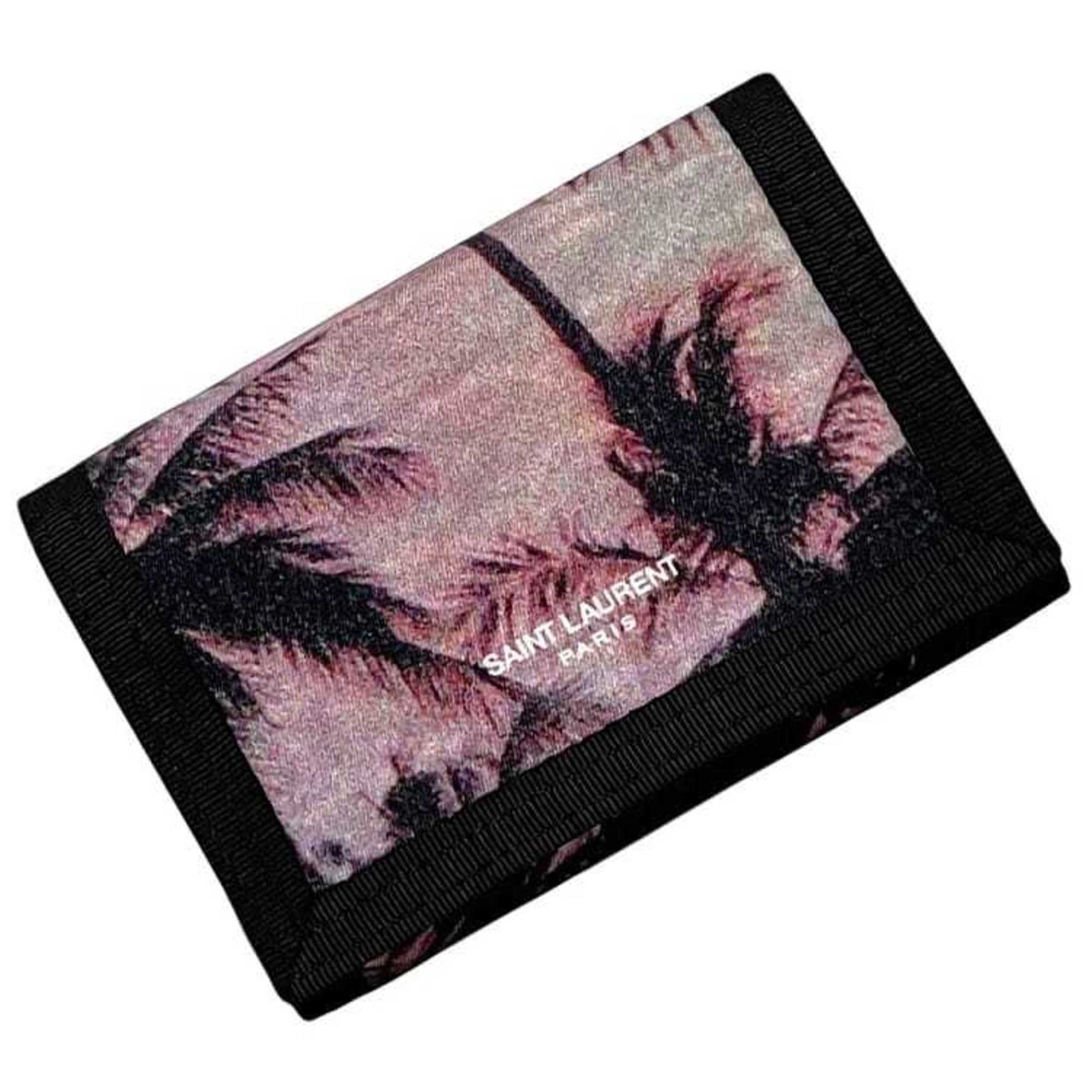 Saint Laurent Tri-fold Wallet Black Pink Unused Nylon 0122 PARIS Compact Folding Velcro Closure Men's Sunset Beach Palm Tree Motif