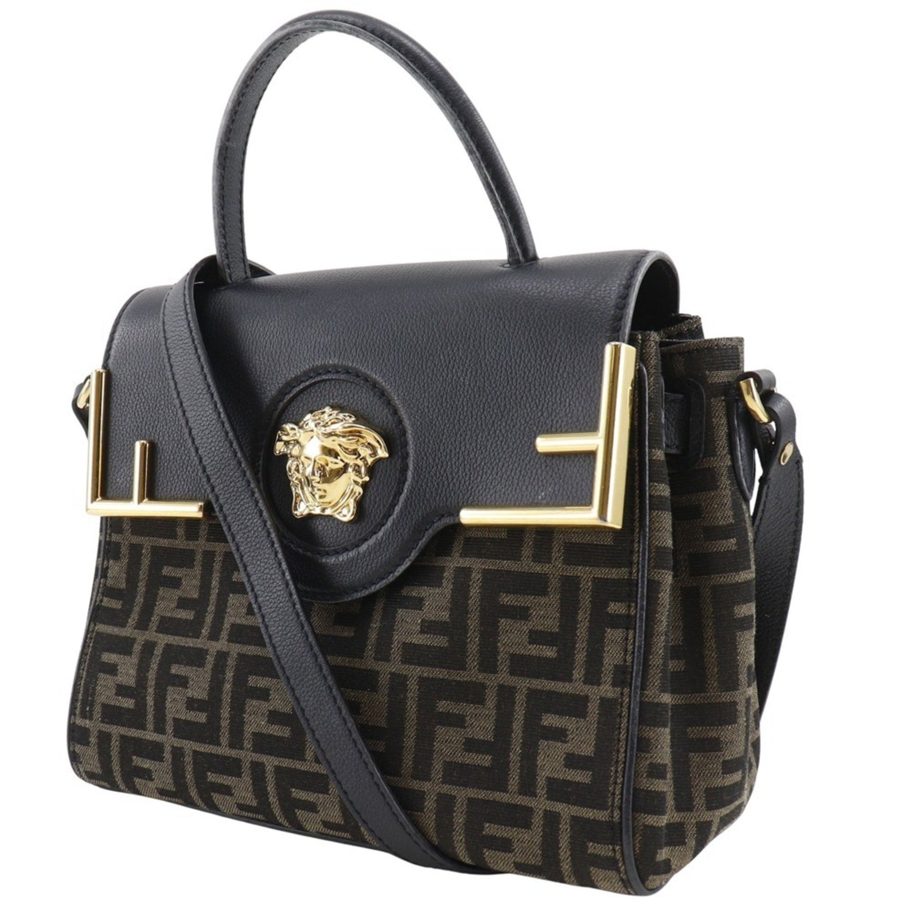 Fendi La Medusa Zucca handbag and Versace Fendace shoulder bag in nylon canvas leather, black/brown, size, .