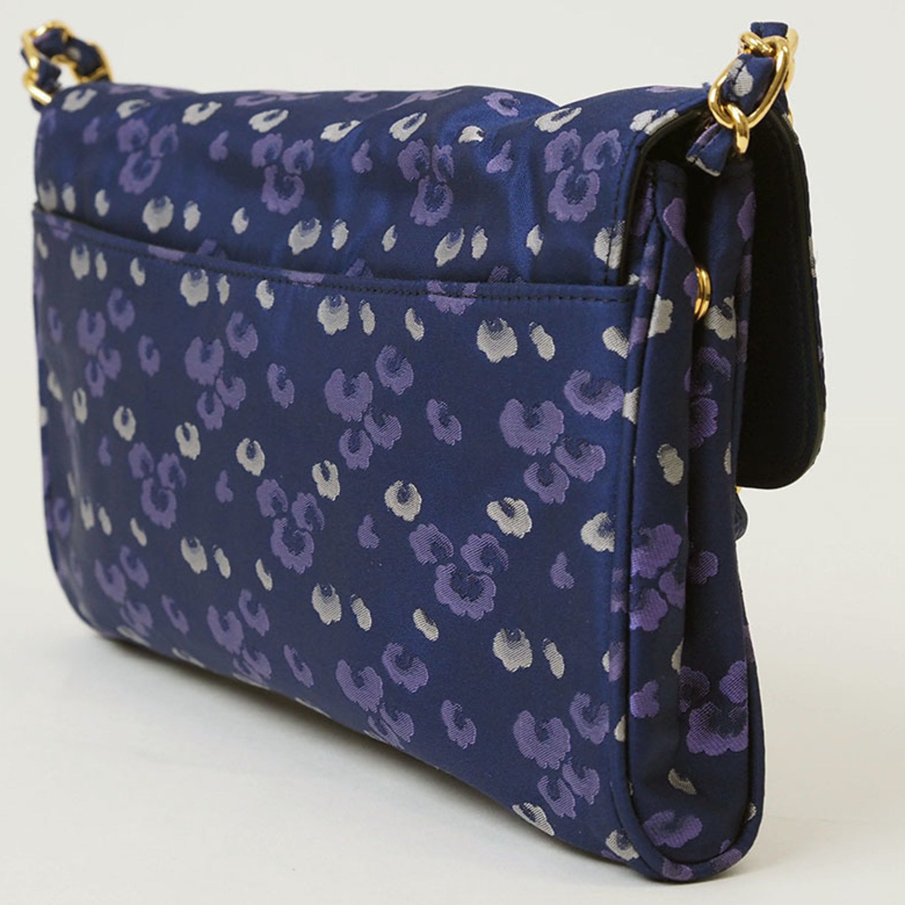 Prada Nylon Chain Shoulder Bag Navy BP0584 Women's Flower Print Crossbody Satin PRADA