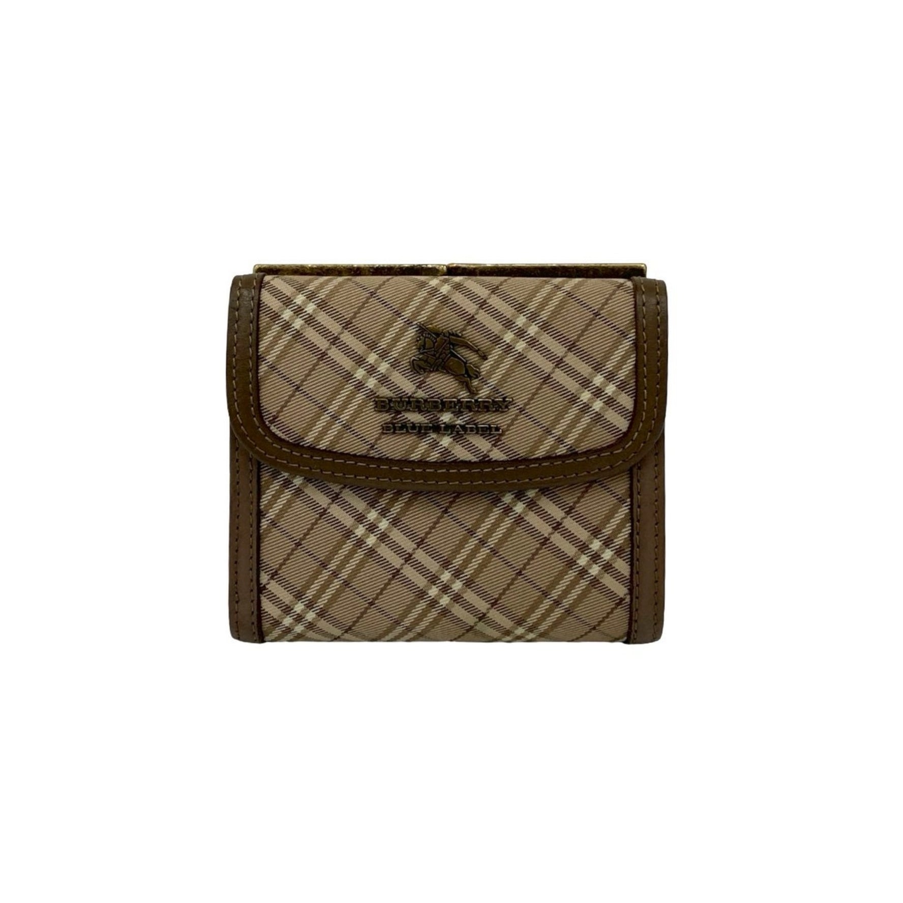 BURBERRY Blue Label Nova Check Shadow Horse Logo Clasp Closure Canvas and Leather Tri-Fold Wallet in Greige