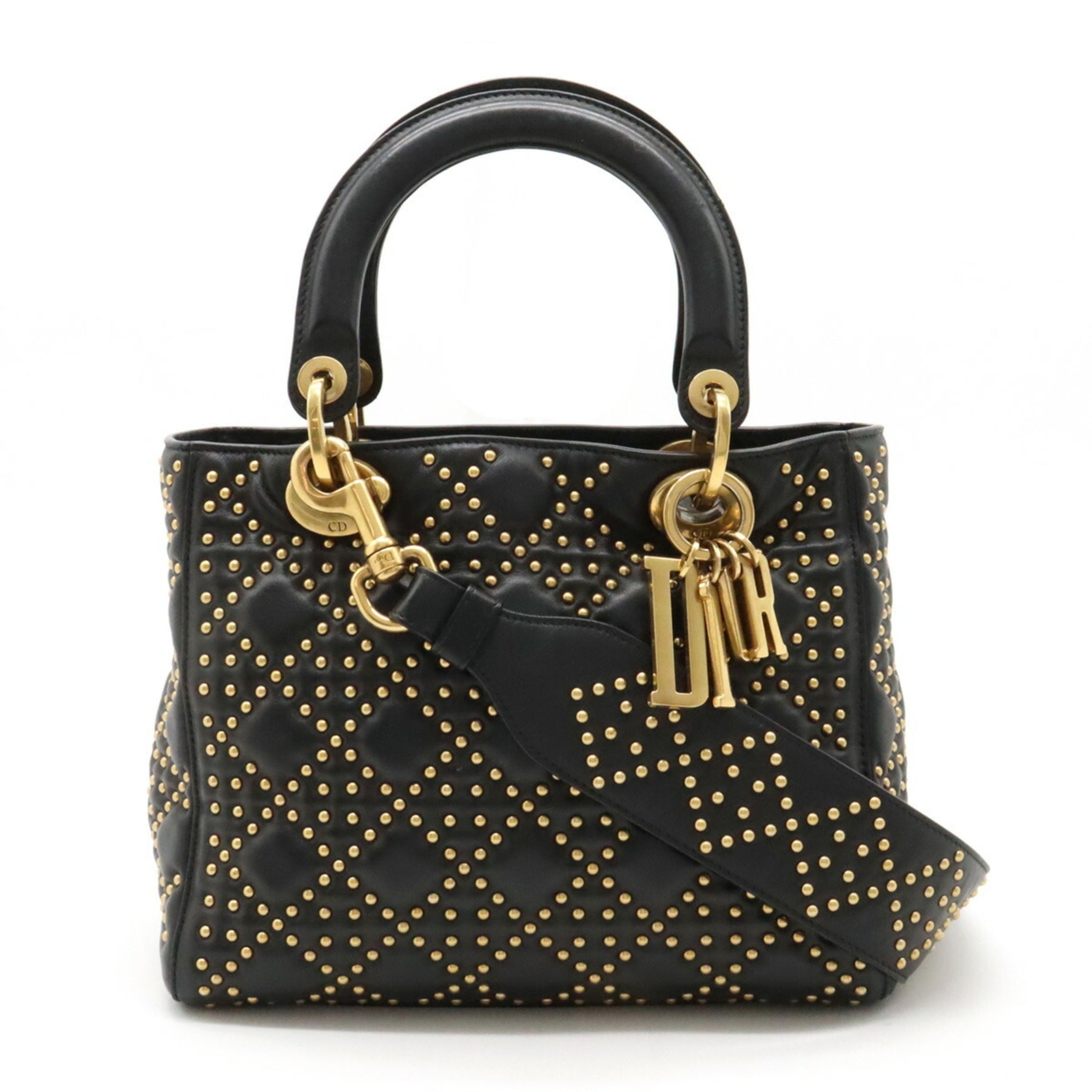 Christian Dior Lady M Medium Studs Handbag Shoulder Bag Leather
