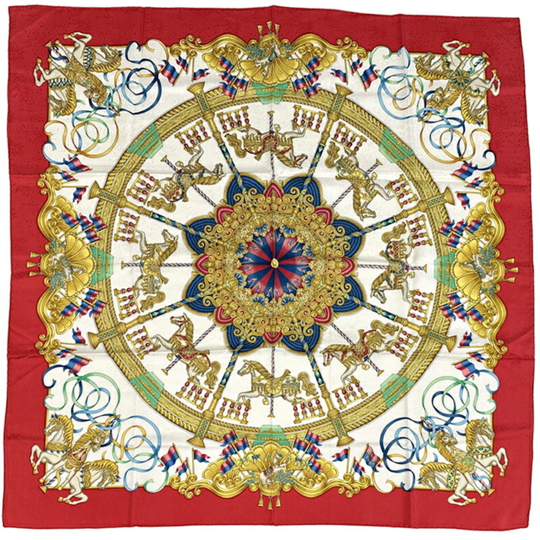 Hermes Hermès LUNA PARK Carré 90 Scarf, Silk, Red Multicolor, Merry-go-round Horse Design