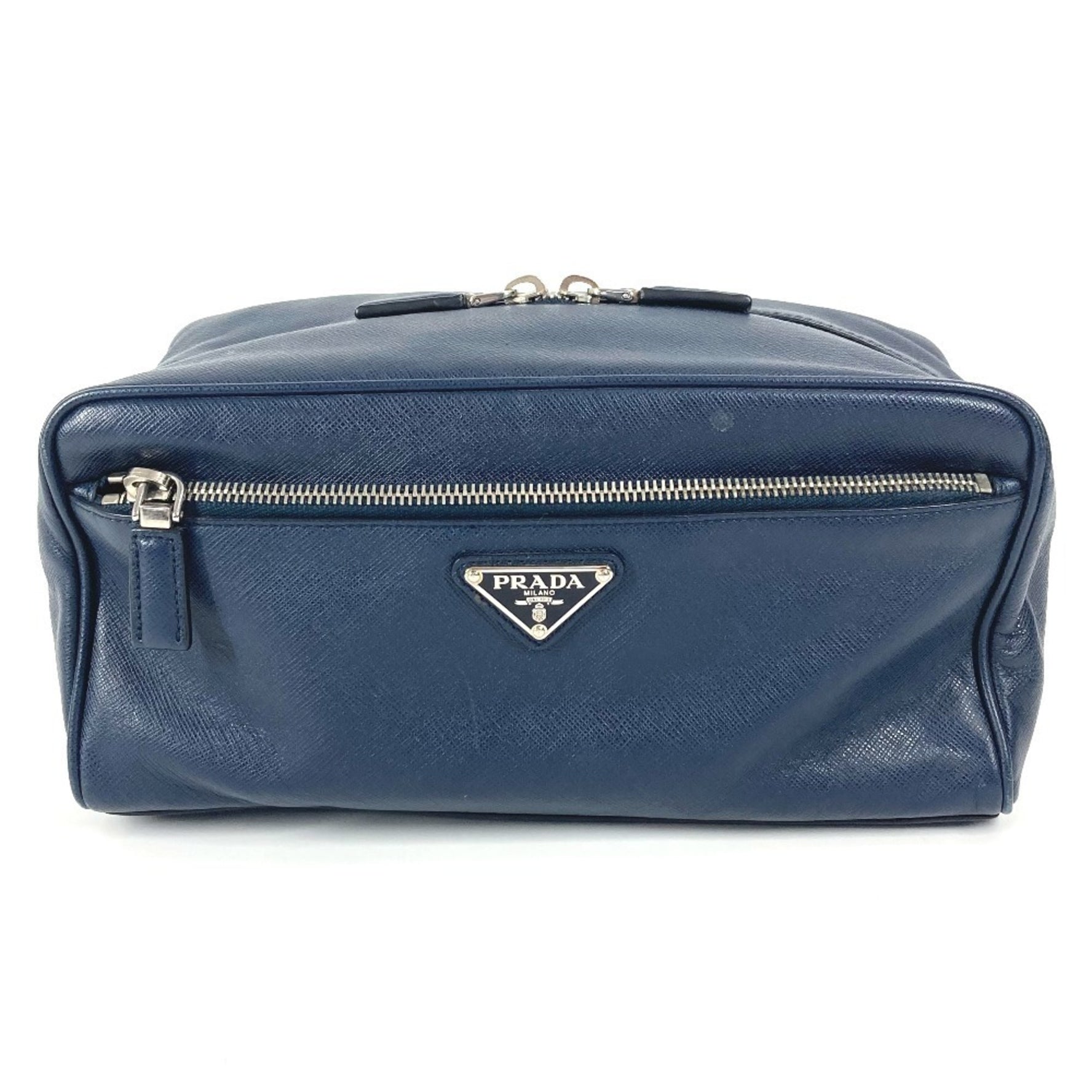 PRADA Triangle Logo Plate Bag Second Clutch Saffiano Leather Men's