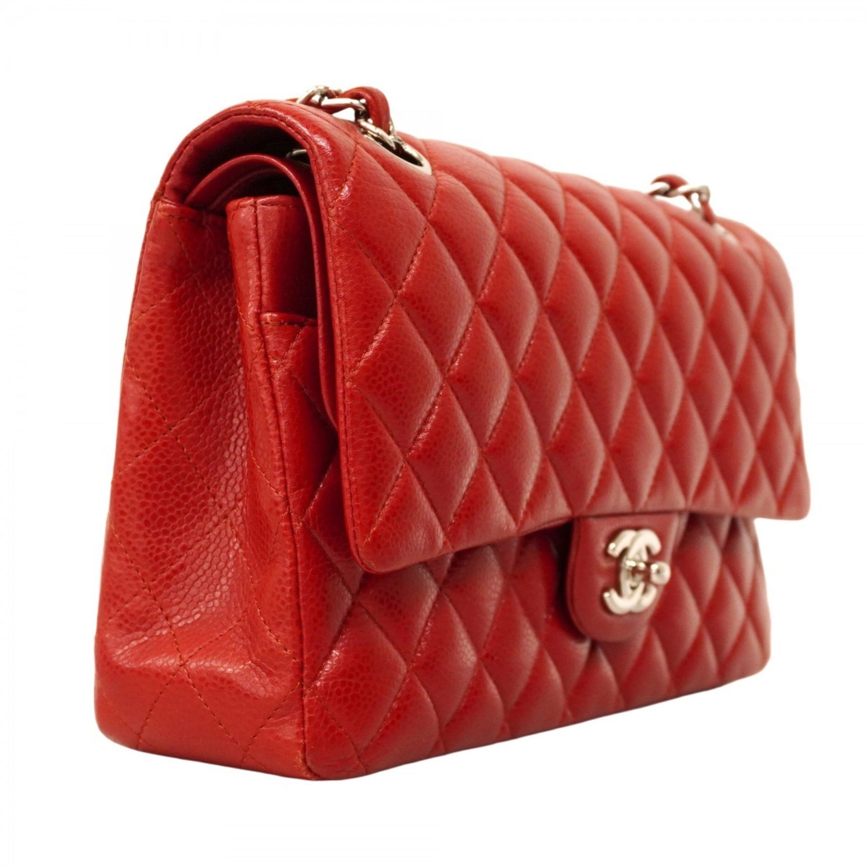 Chanel Matelasse Shoulder Bag with Double Flap and Chain, Caviar Leather, Red
