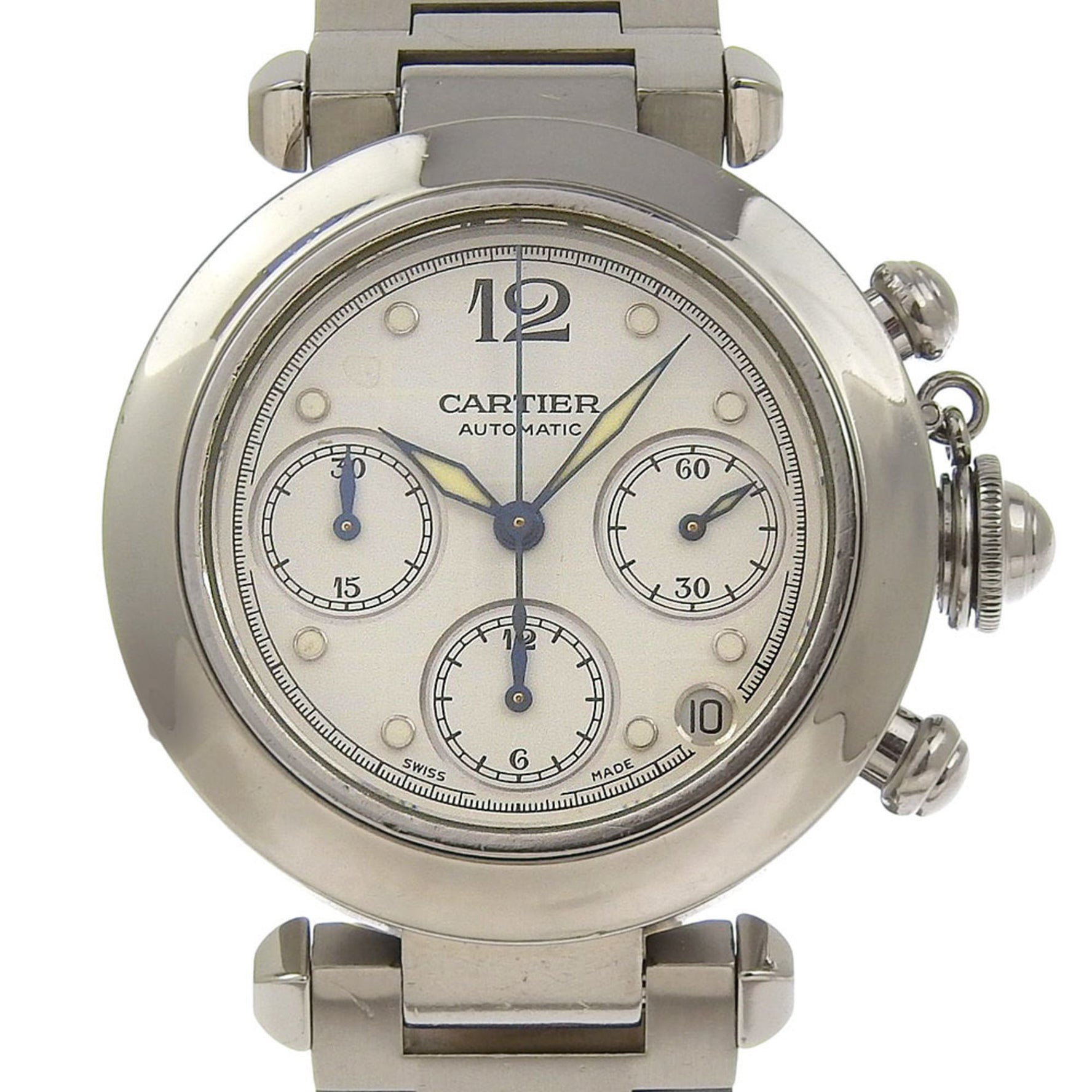 Cartier Pasha C Chronograph Watch, Cal. 047, Stainless Steel, Automatic, Analog Display, White Dial