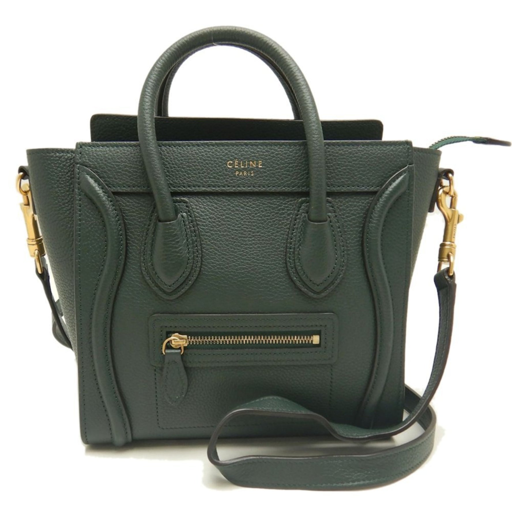 CELINE Luggage Nano Shopper Handbag Calfskin Dark Green