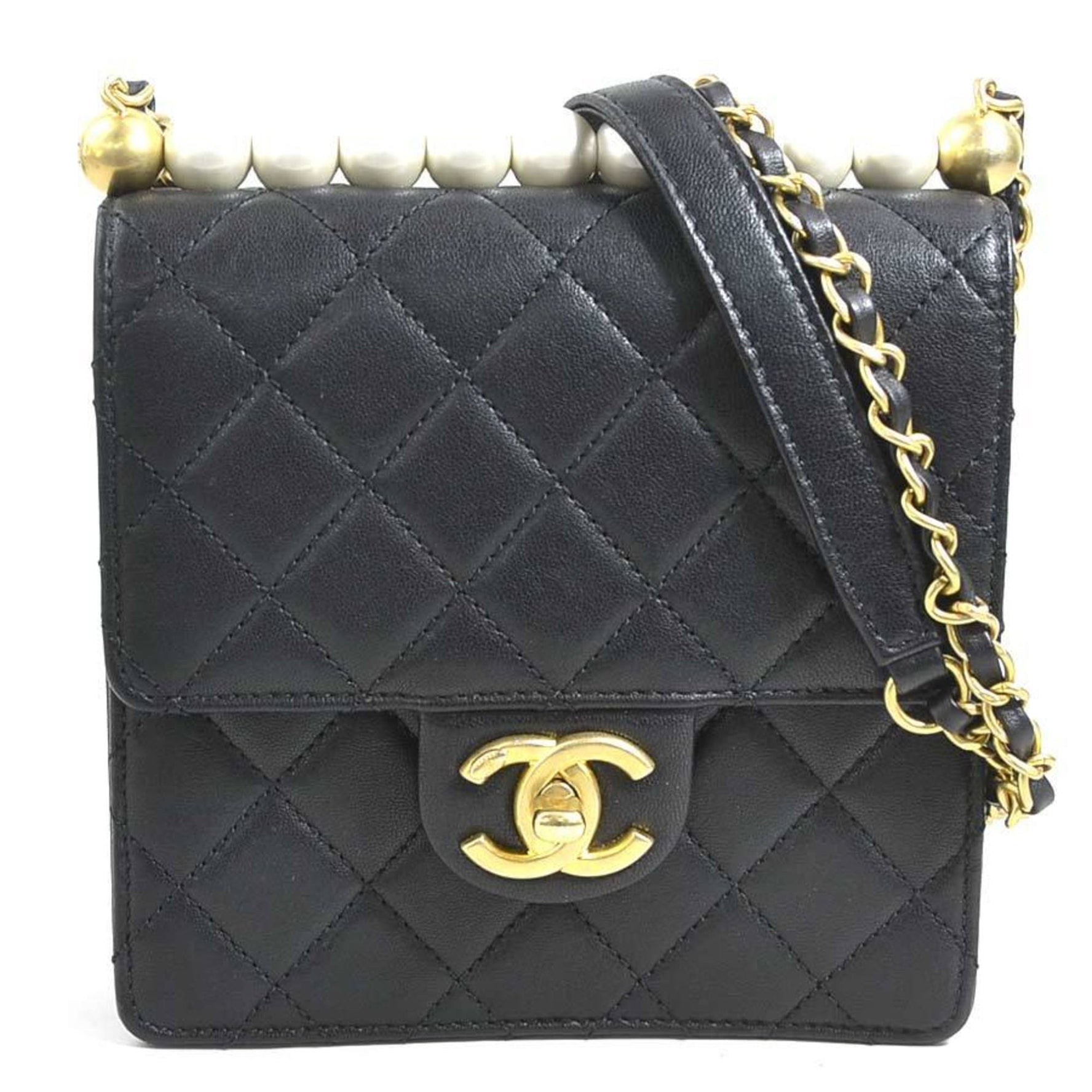 CHANEL Shoulder Bag Matelasse Leather Faux Pearl Black Off-White Gold