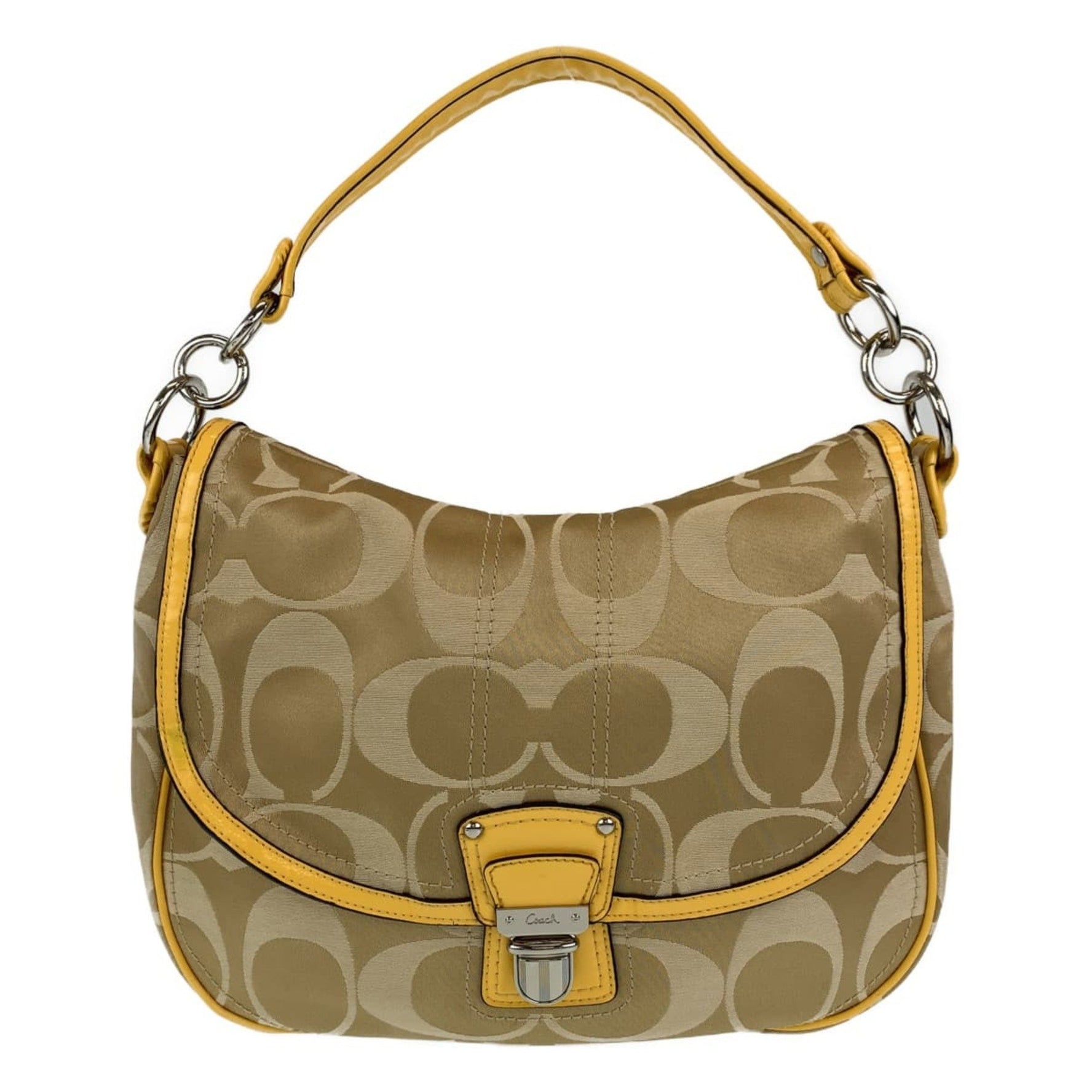 COACH Signature Brown Beige Canvas Patent Leather Hobo Shoulder Bag Handbag