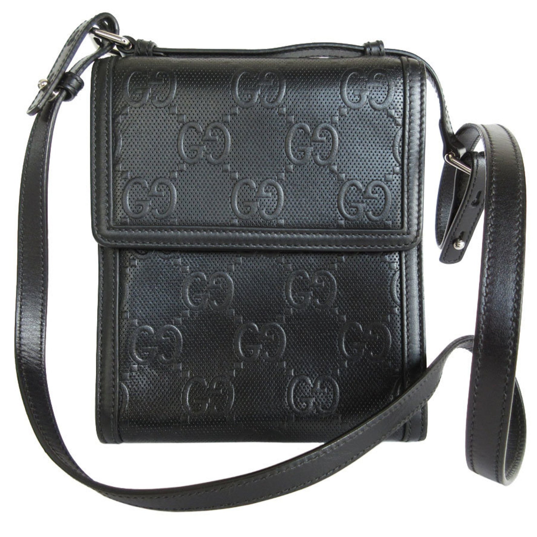 GUCCI Shoulder Bag GG Embossed Leather Silver