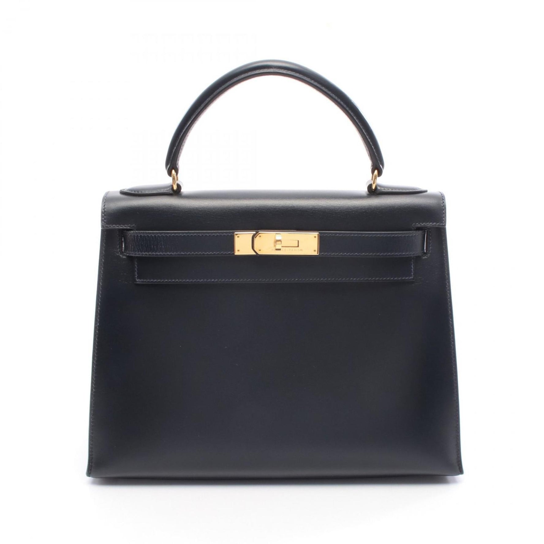 Hermes Hermès Kelly 28 Blue Indigo Handbag Bag in Calfskin Box Calf Leather, Navy