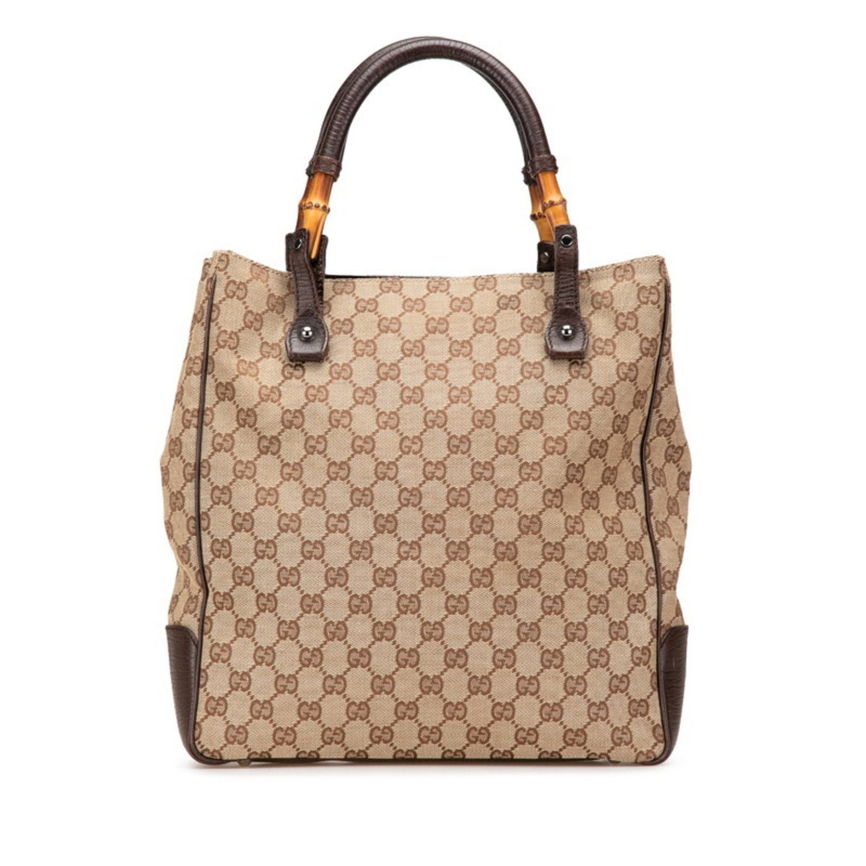 Gucci GG Canvas Bamboo Shoulder Bag Tote Beige Brown Leather