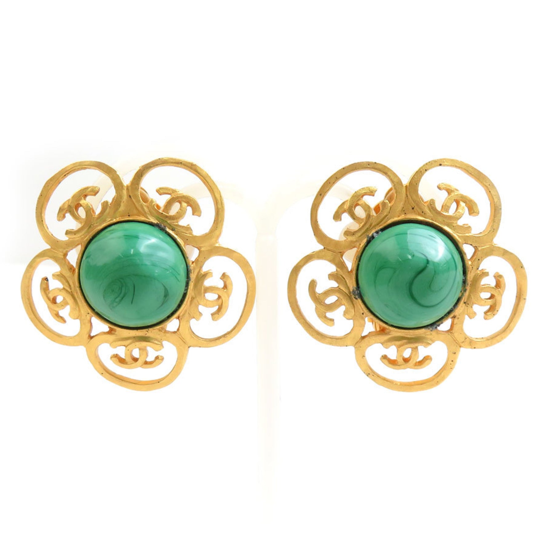 CHANEL Coco Mark Metal Stone Earrings in Gold and Green