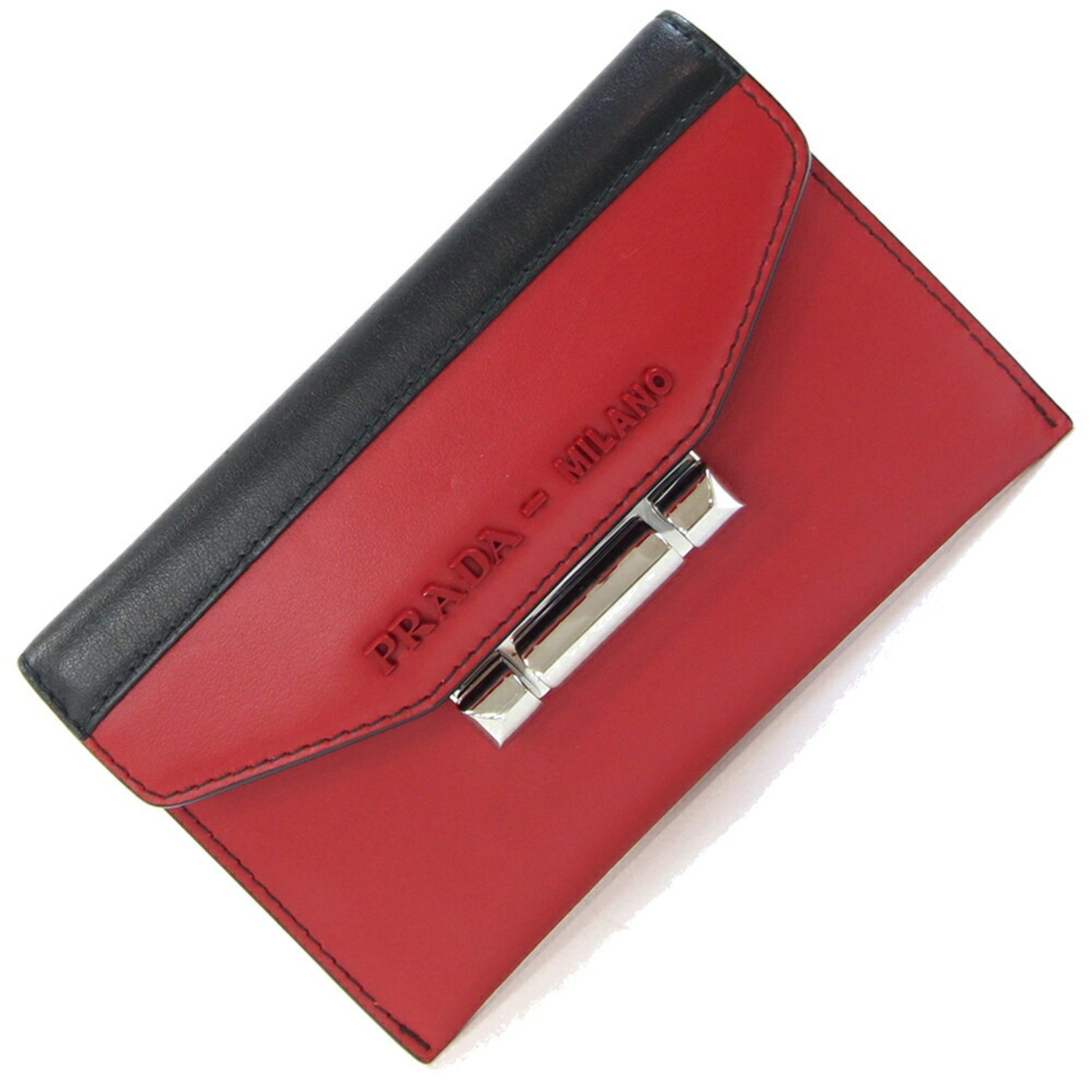 Prada Card Case 1MC004 Red and Black Leather Pass Case, Two-Tone Design, Women's, PRADA