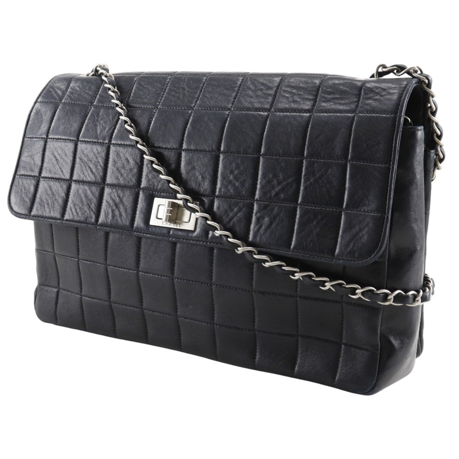 CHANEL 2.55 Chocolate Bar Shoulder Bag, Black Lambskin, Size, with Turn Lock, Chain