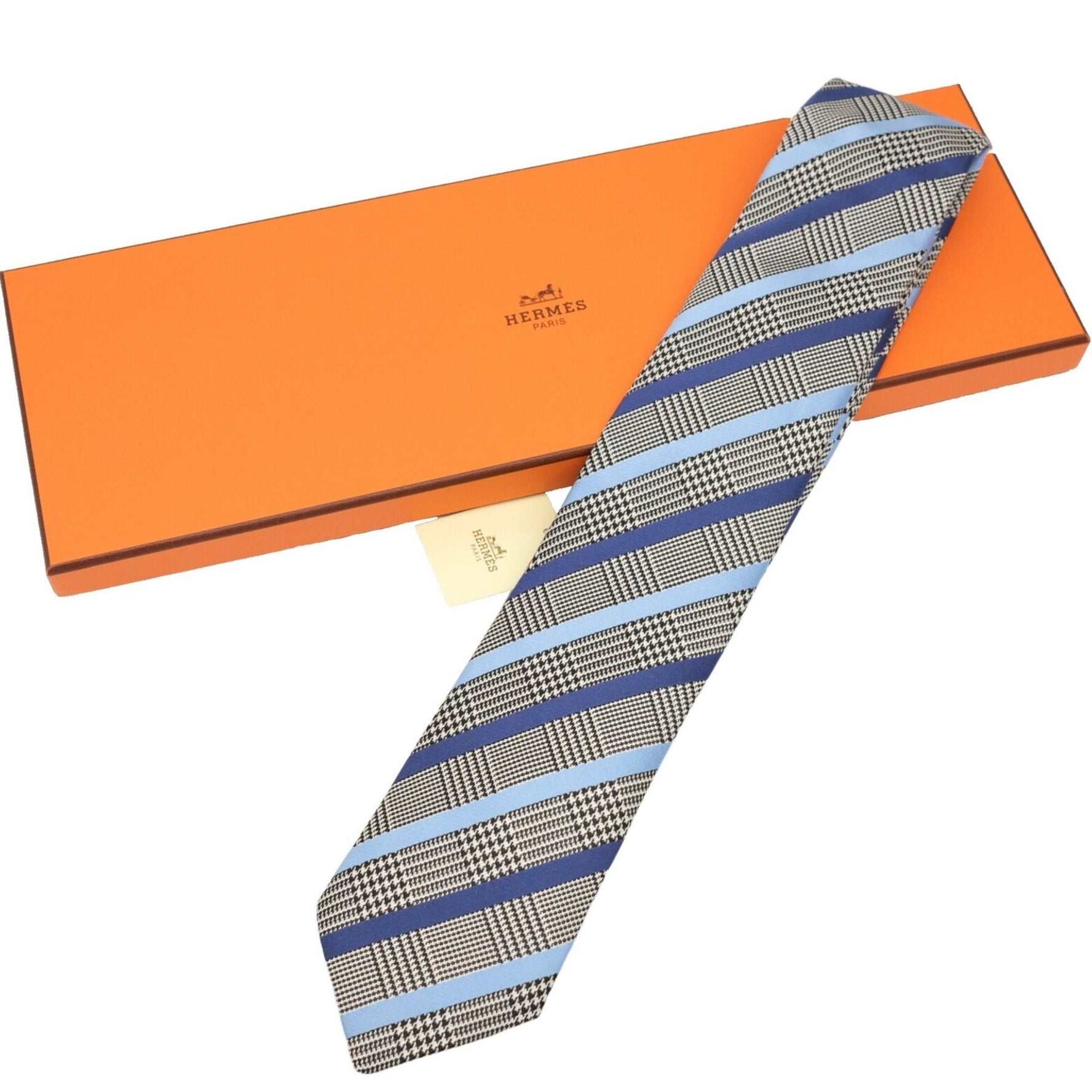HERMES tie, 100% silk tweed stripes, blue and gray