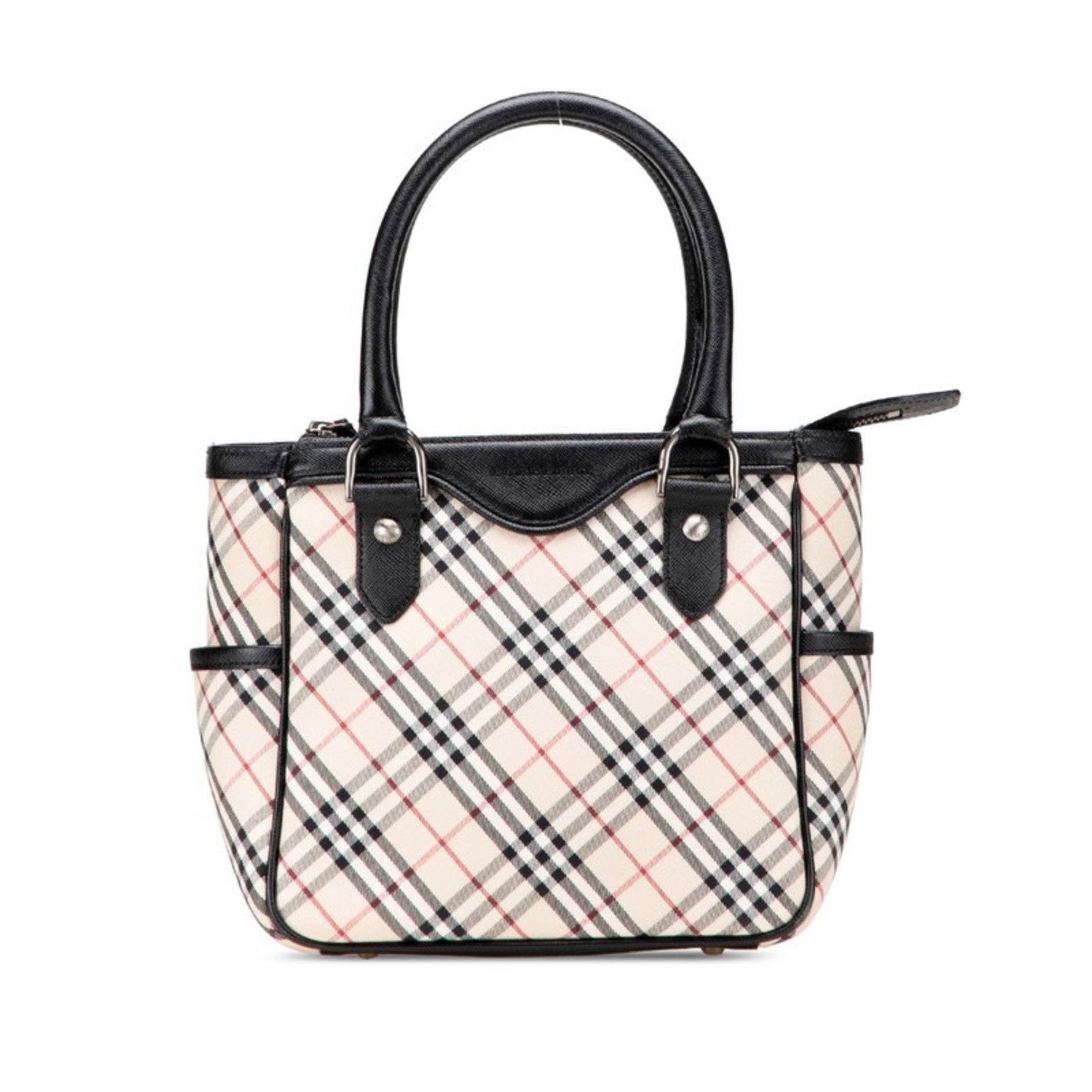 Burberry Nova Check Handbag in Beige, Black, and Red Canvas Leather .