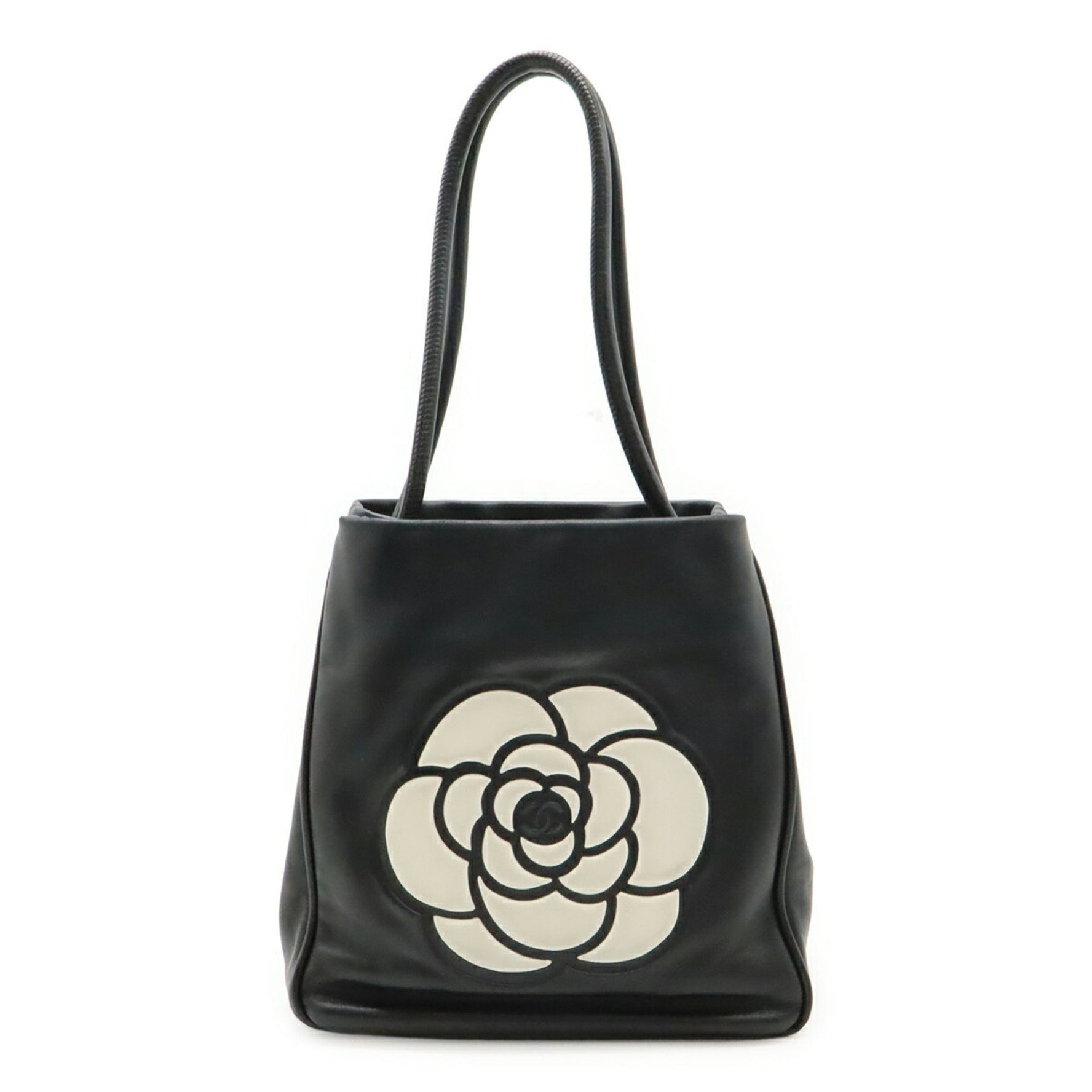 CHANEL Camellia Tote Bag Shoulder Leather Black White