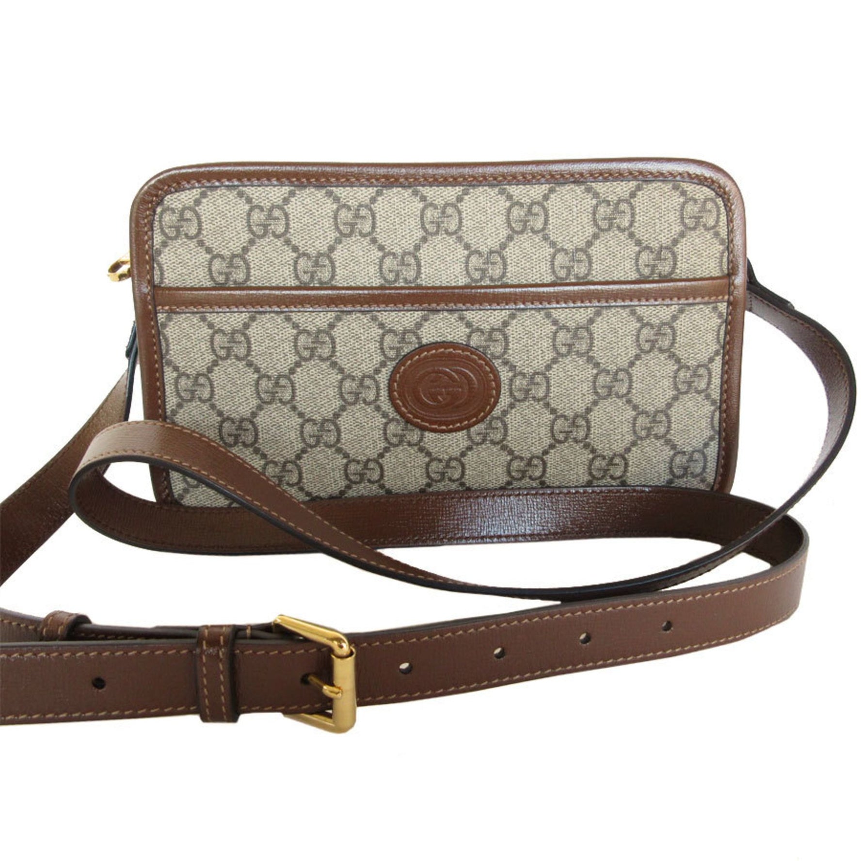 GUCCI Shoulder Bag GG Supreme Leather Beige Brown Gold