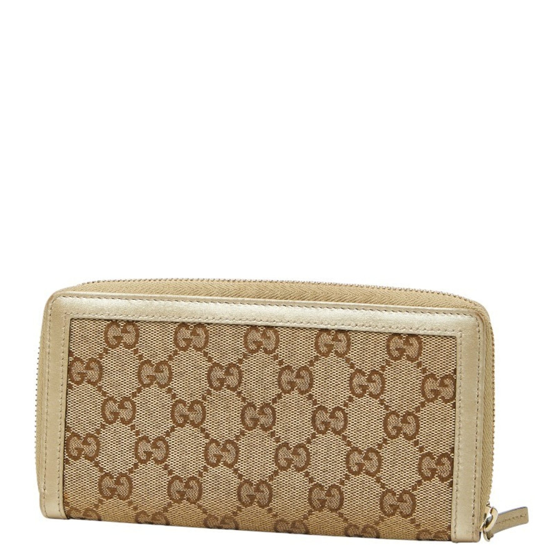 Gucci GG Canvas Interlocking G Round Zip Long Wallet Beige Gold Leather