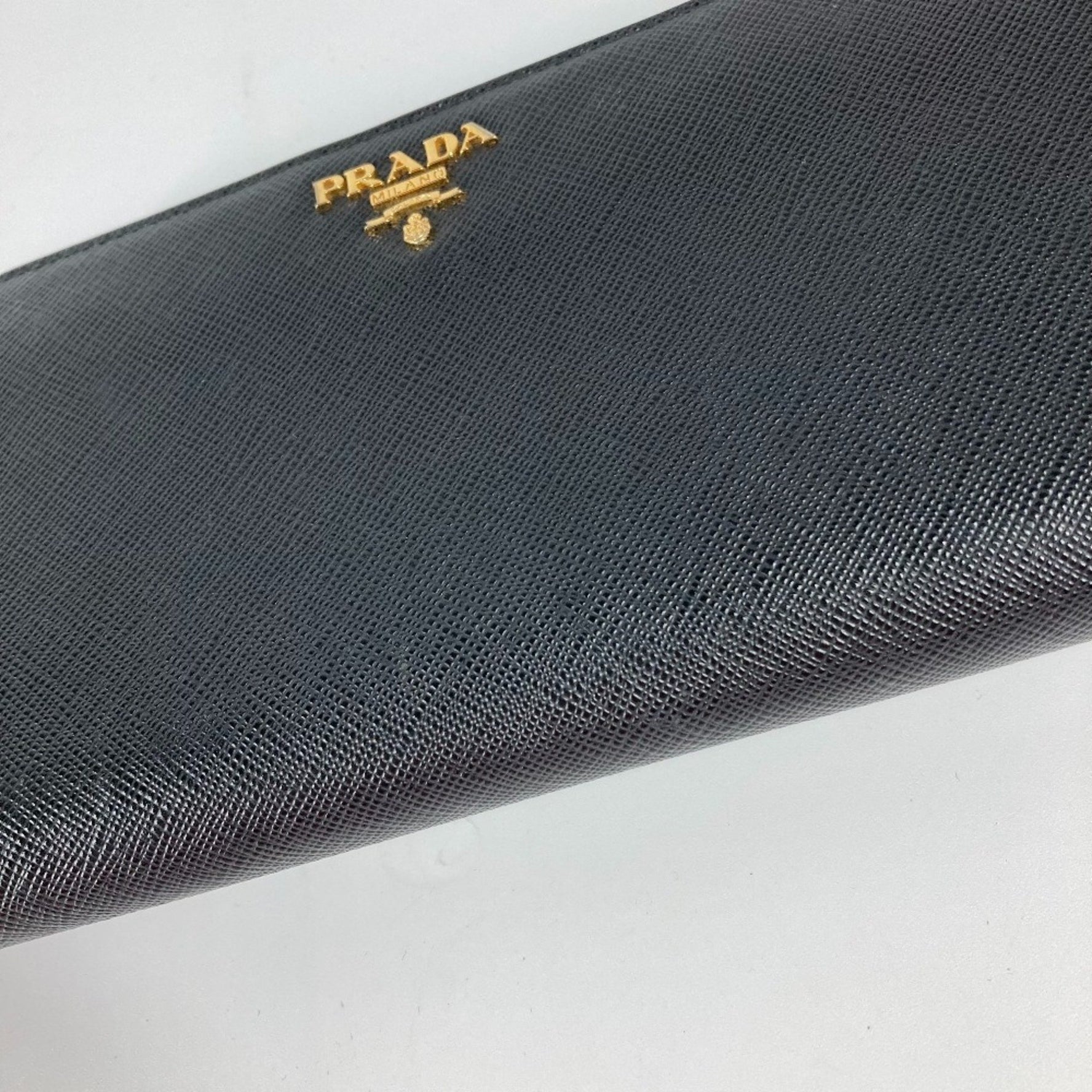 PRADA Logo Round Zipper Long Wallet Saffiano Leather Black