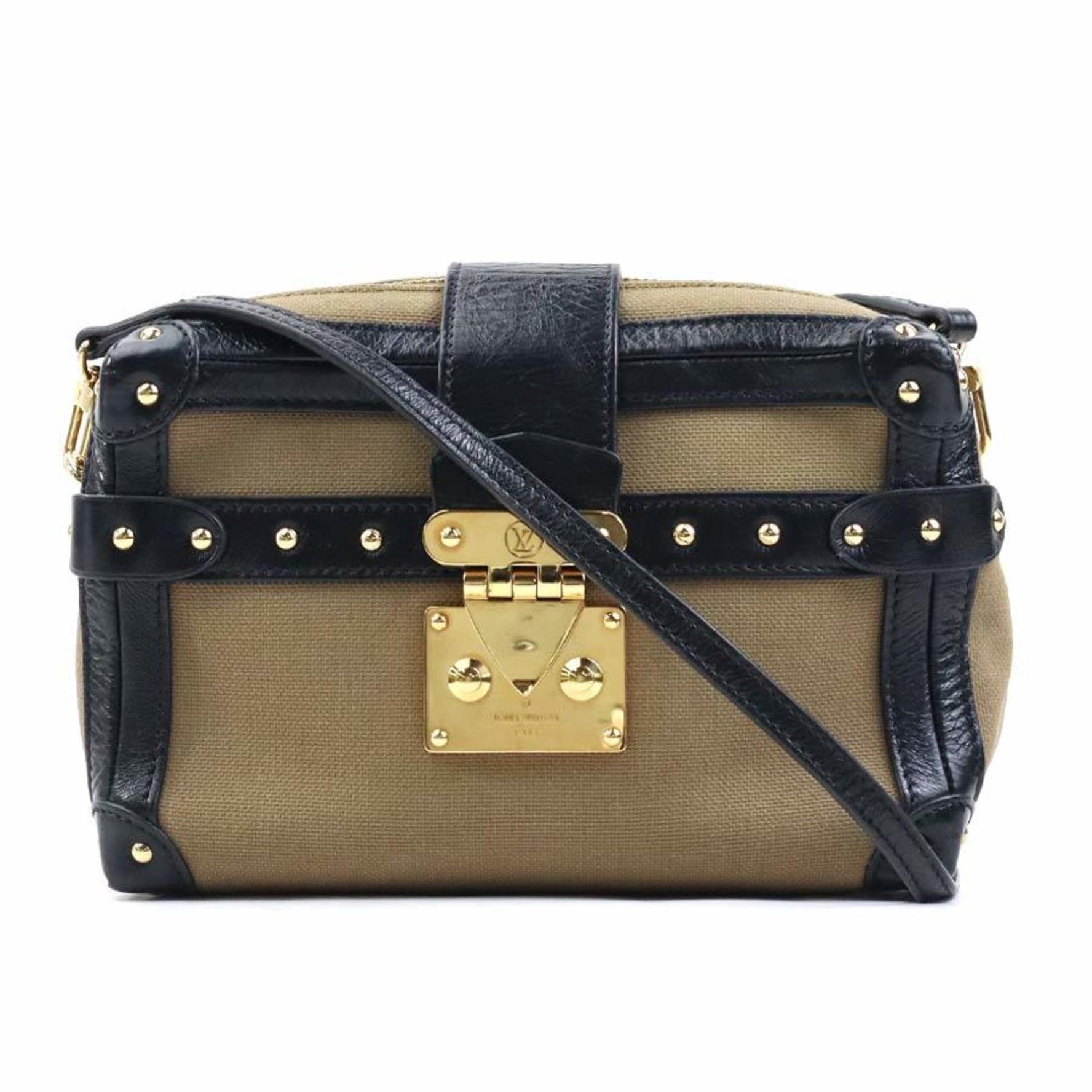 Louis Vuitton Shoulder Bag Petite Malle Soft MM Canvas Leather Khaki Black Silver