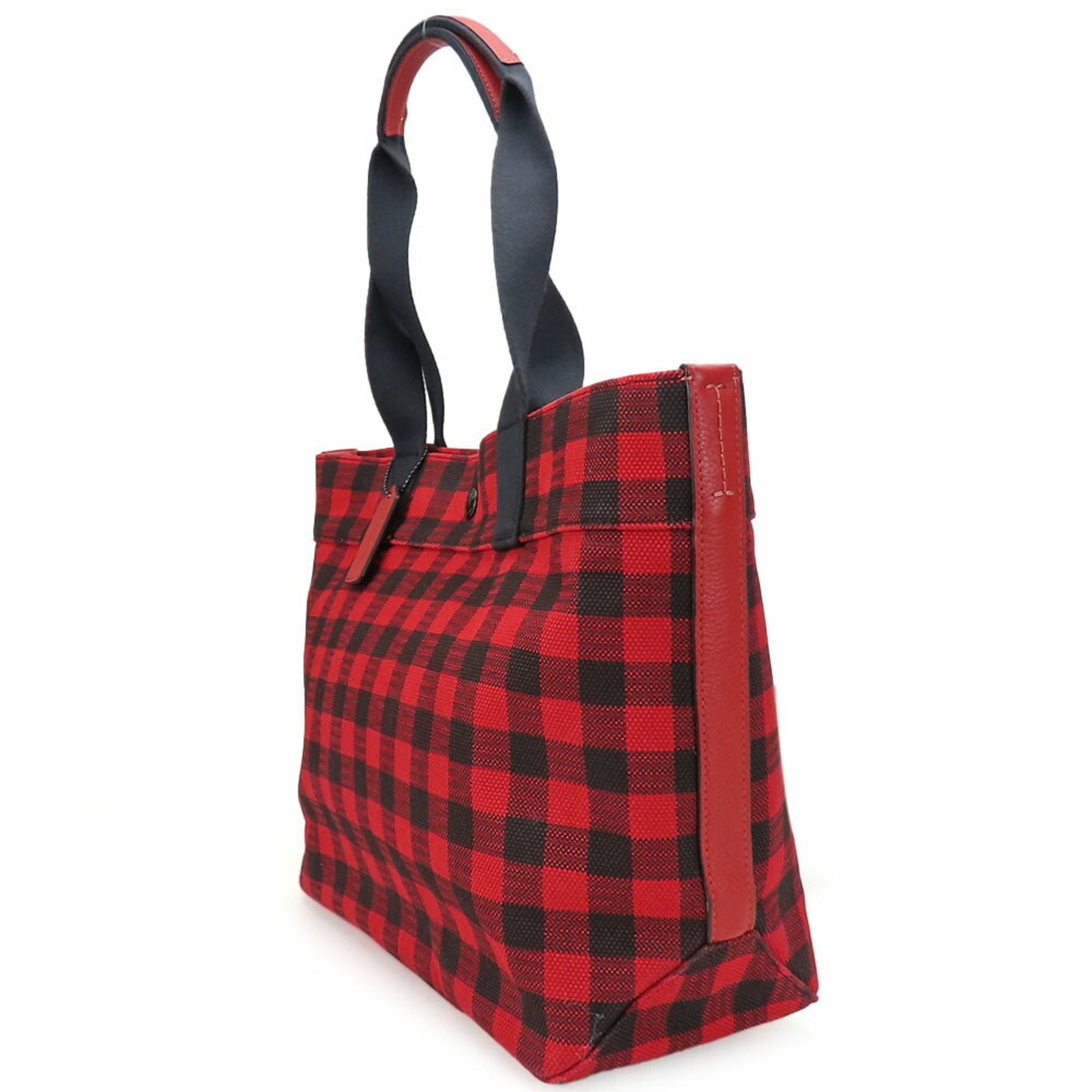 Coach Tote Bag Canvas Leather Red Black Gingham Check Pattern