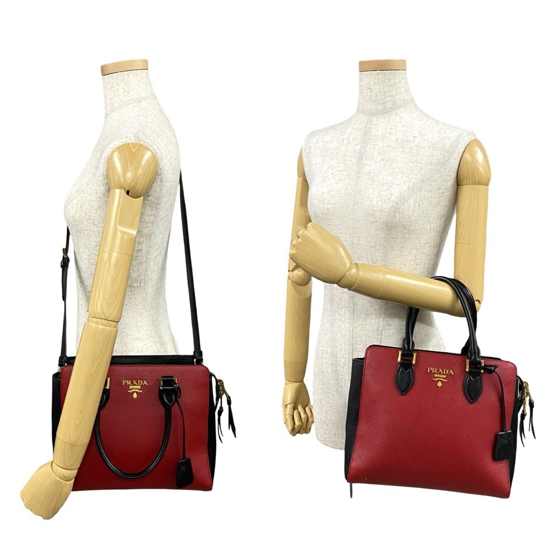 PRADA logo hardware leather genuine shoulder bag handbag tote red black 113-8