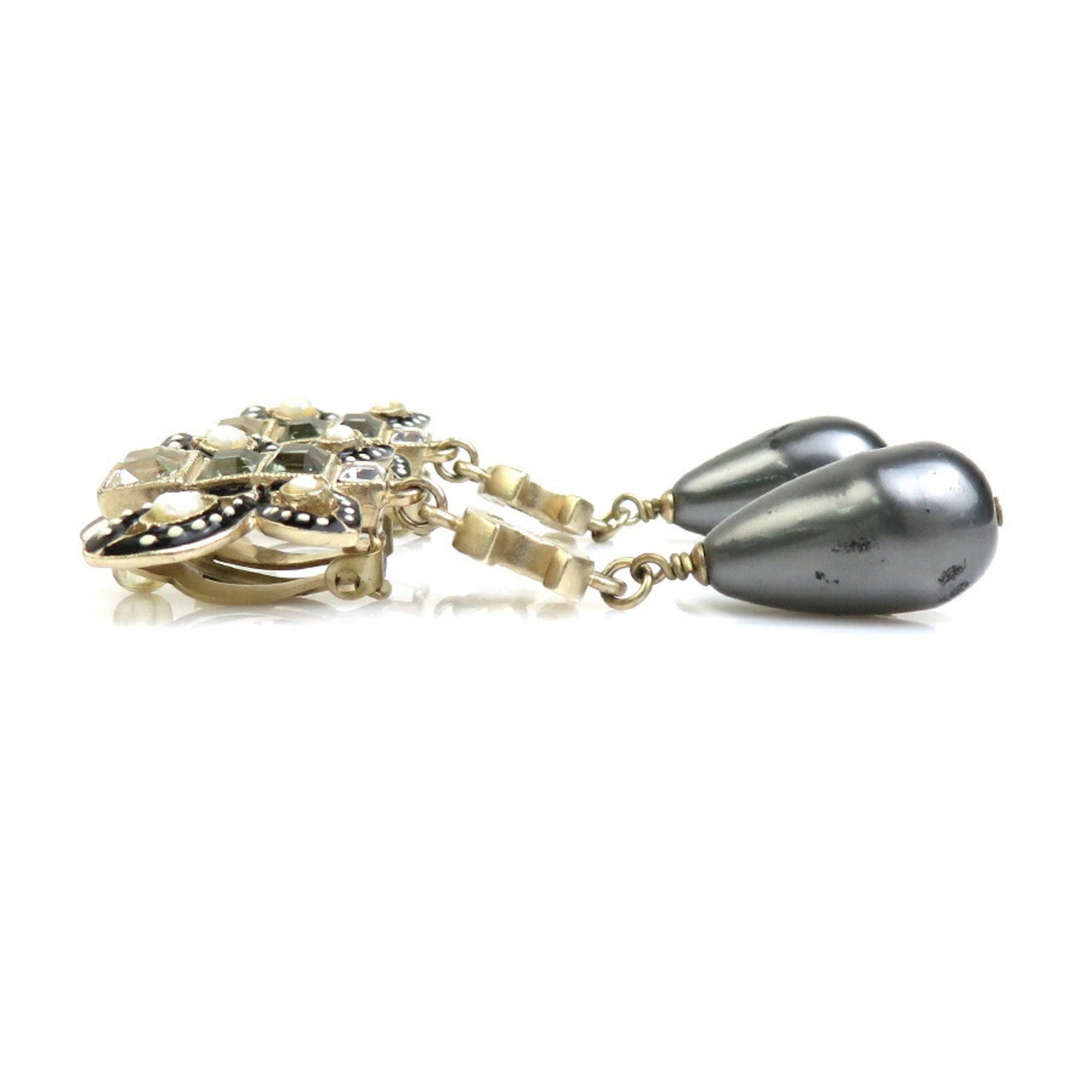 CHANEL Earrings Coco Mark Metal Faux Pearl Gold Dark Grey