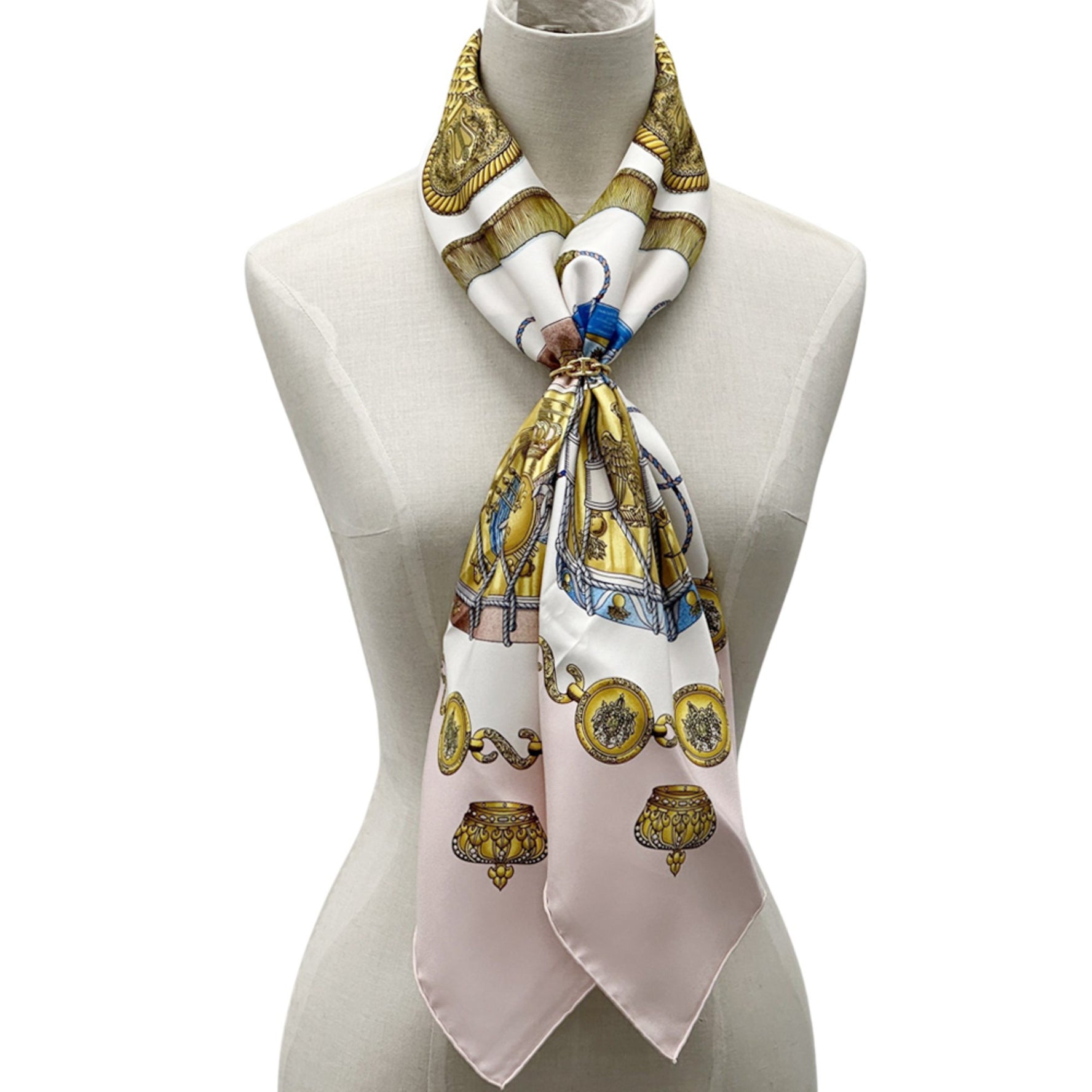 Hermès HERMES Carré 90 LES TAMBOURS scarf, silk scarf in pink and multicolor. Perfect for festivals musical instruments.