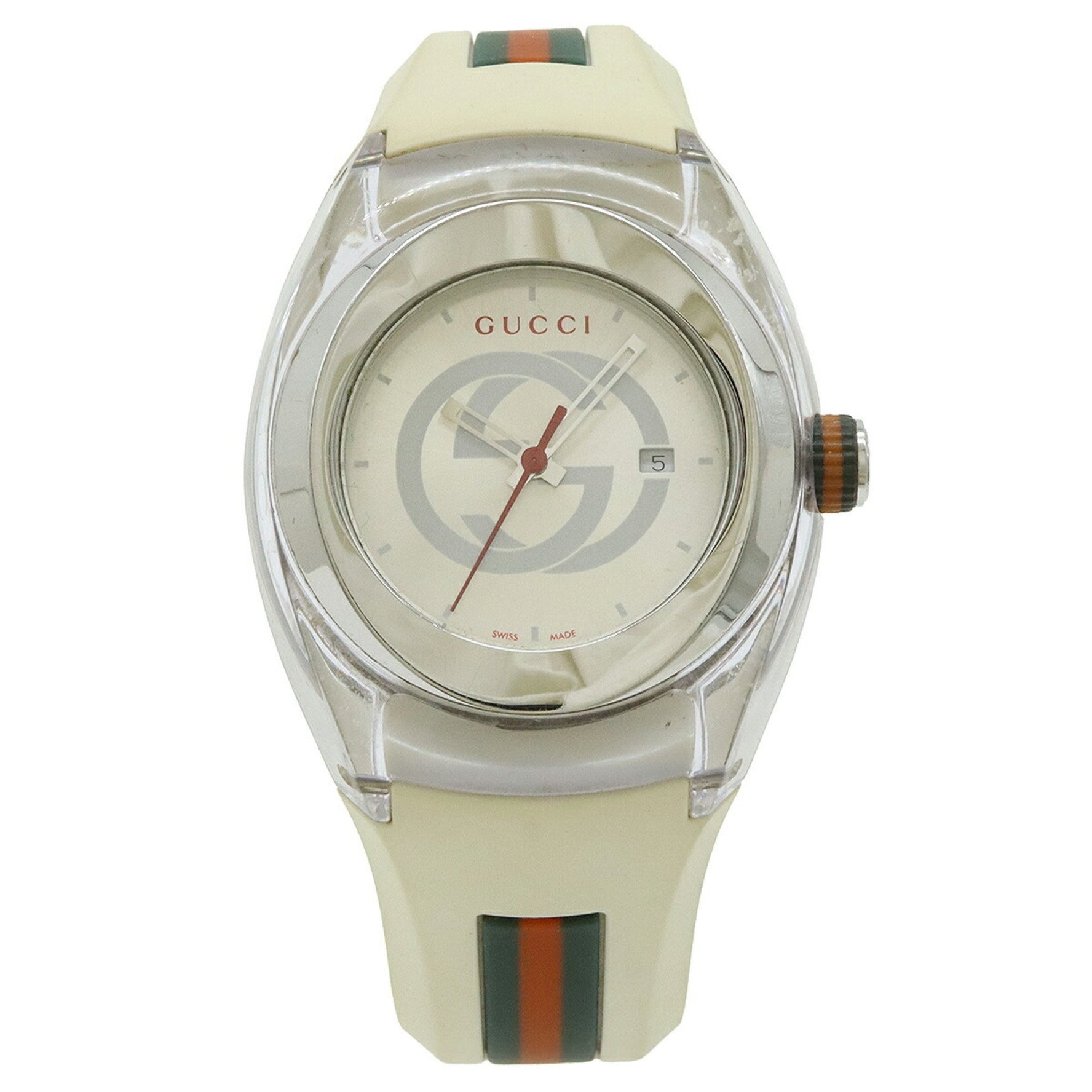 GUCCI Sync Silver Dial Stainless Steel Rubber Interlocking G Shelly Quartz Watch 137.3