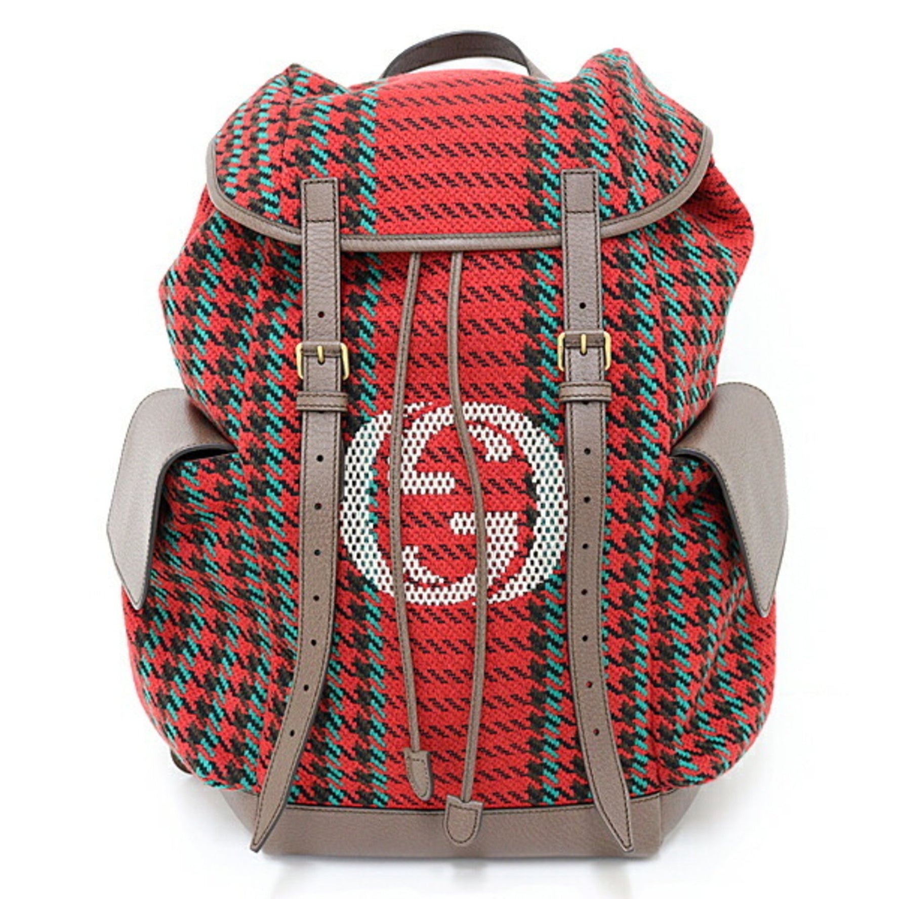 GUCCI Houndstooth and Stripe Backpack with Interlocking G Red