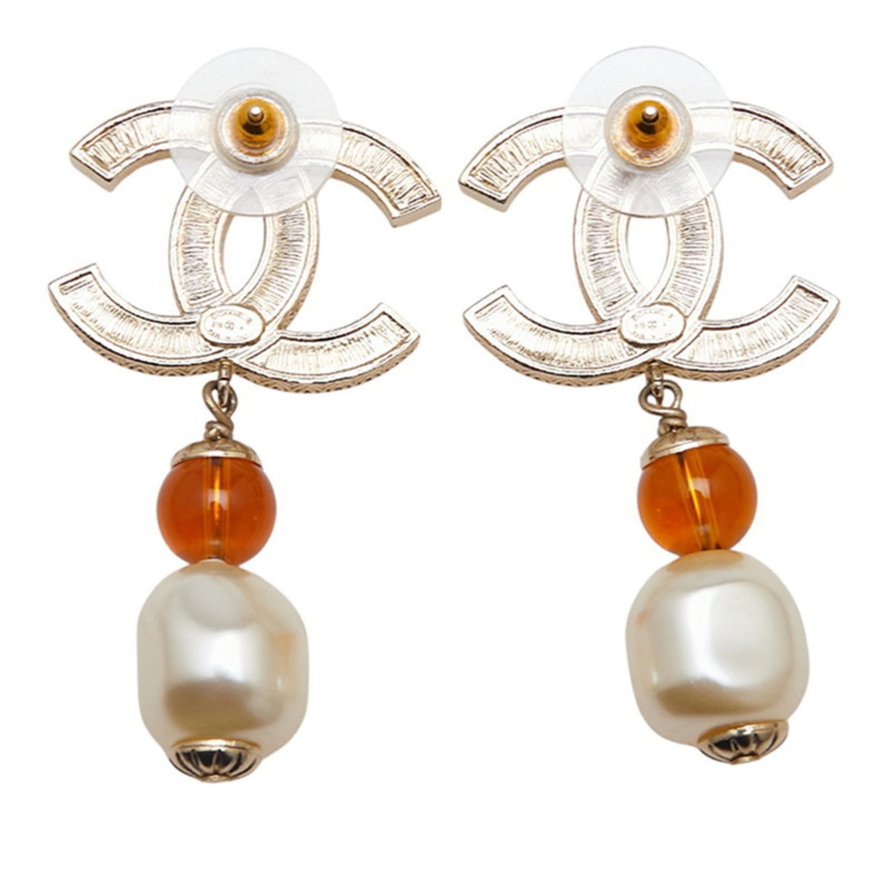 Chanel Coco Mark Rhinestone Swing Earrings in Champagne Gold and Orange Metal with Faux Pearls