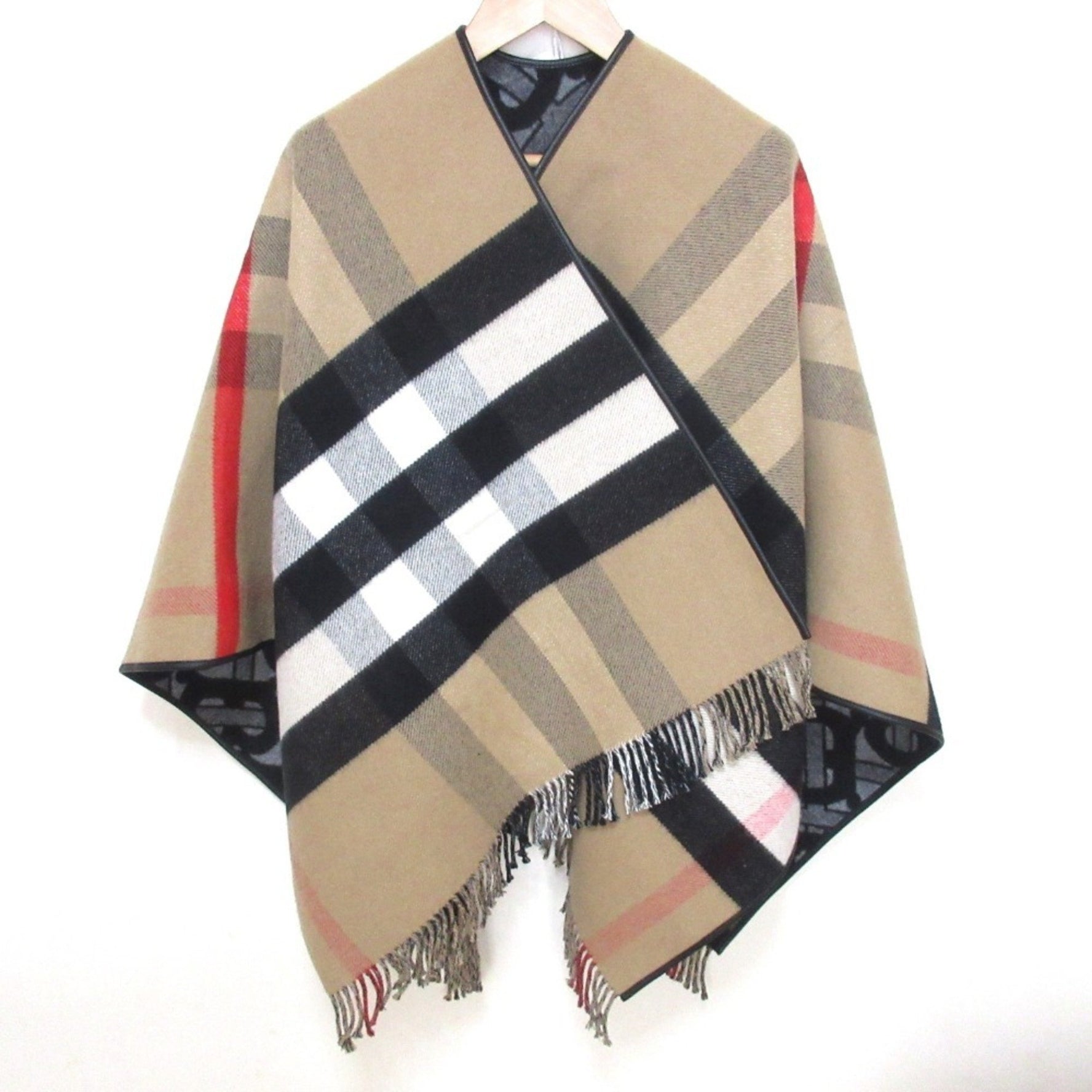BURBERRY Nova Check Wool Cashmere TB Monogram Reversible Cape Cloak Stole/Scarf Shawl Beige x Grey