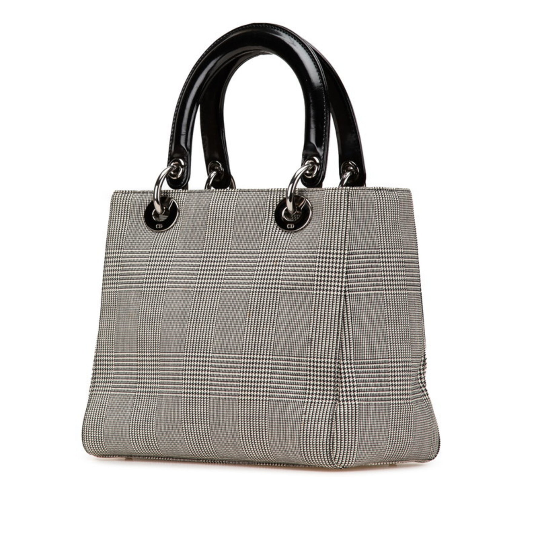 Christian Dior Dior Lady Houndstooth Handbag Black White Canvas Leather