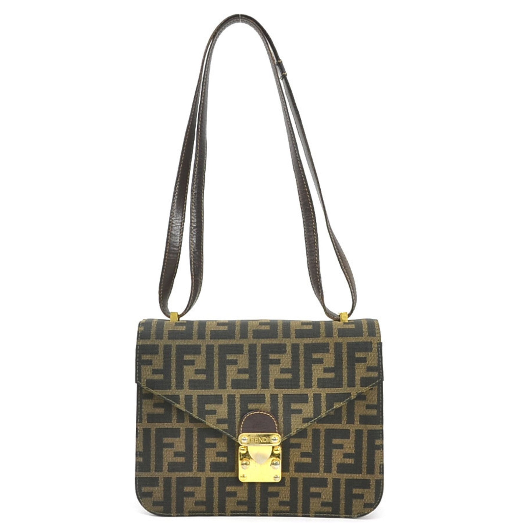 FENDI Shoulder Bag Zucca Canvas Leather Gold