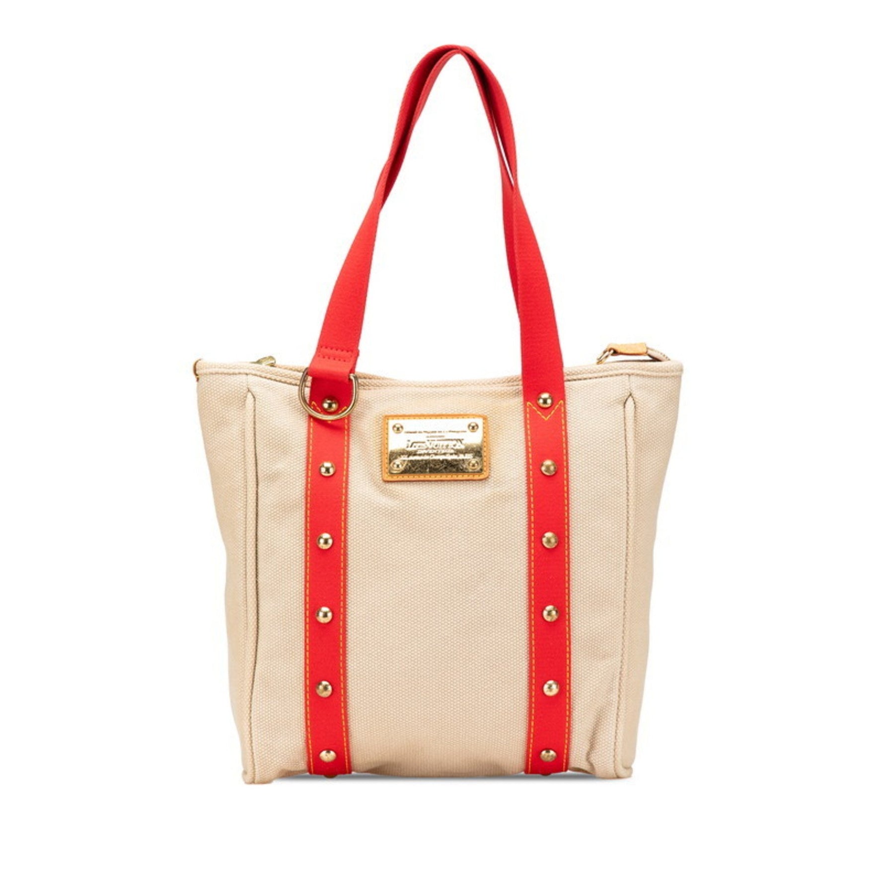 Louis Vuitton Antigua Cabas MM Tote Bag Shoulder Red Beige Canvas Leather