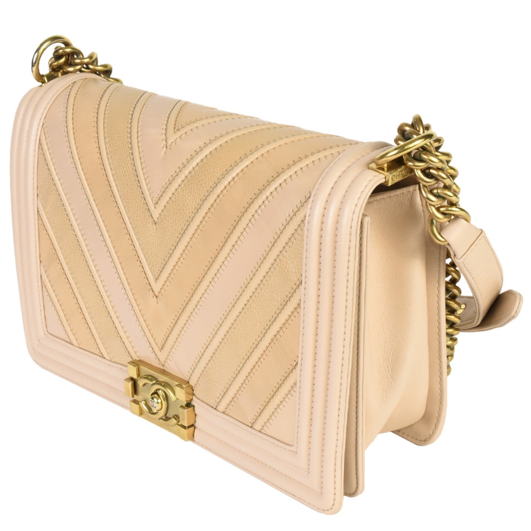 CHANEL Chevron Boy V Stitch Coco Mark Chain Shoulder Bag No. 22 (Made in 2016) Pink Beige Caviar Skin Calf Leather