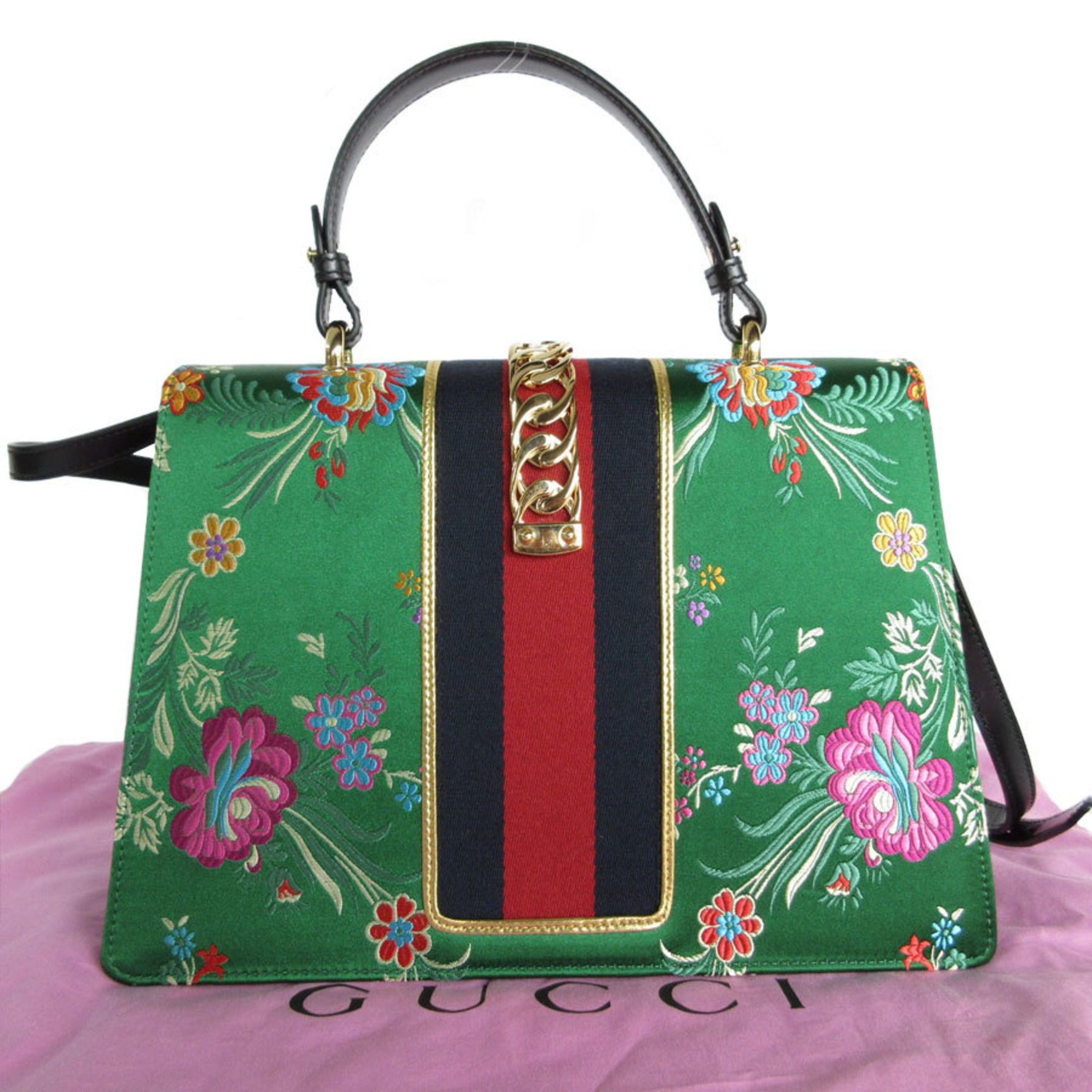 GUCCI Handbag Shoulder Bag Sylvie Satin Green Multicolor Gold