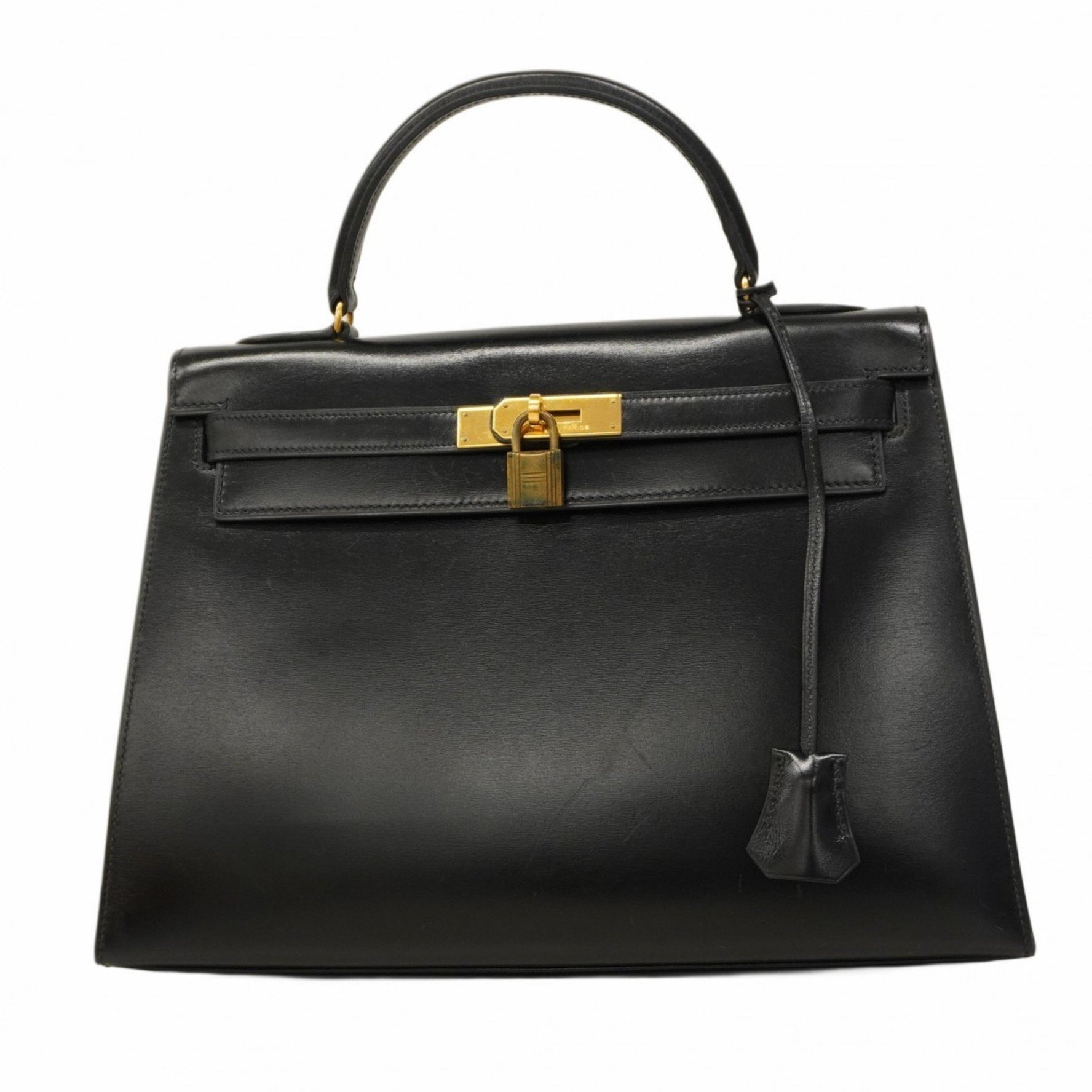 Hermes Hermès Kelly 32 Handbag, Box Calf Leather, Black, with 〇Q Stamp, Women's, P1361722