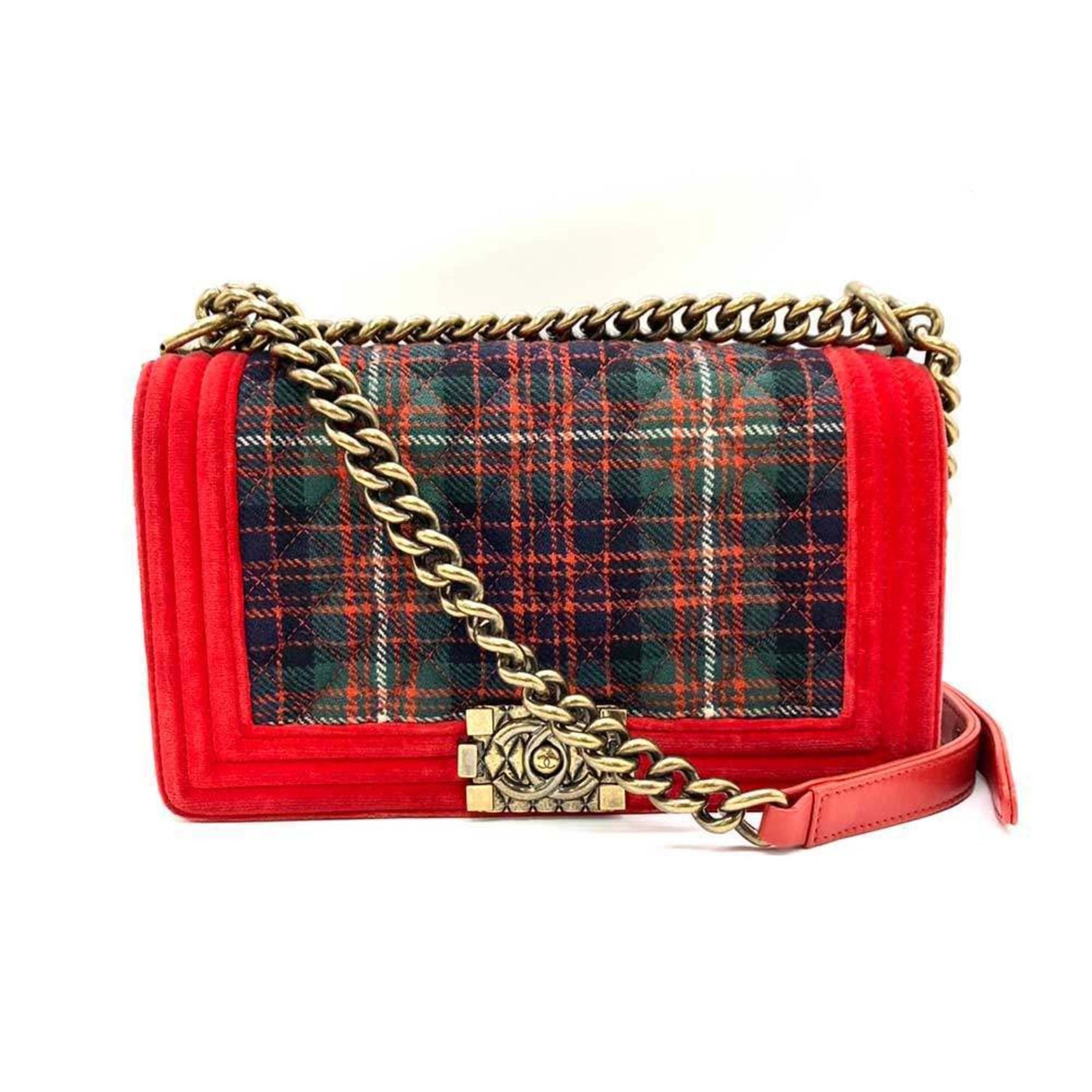 Chanel Bag Boy Chain Shoulder Red x Green Checkered Horizontal Velour Canvas