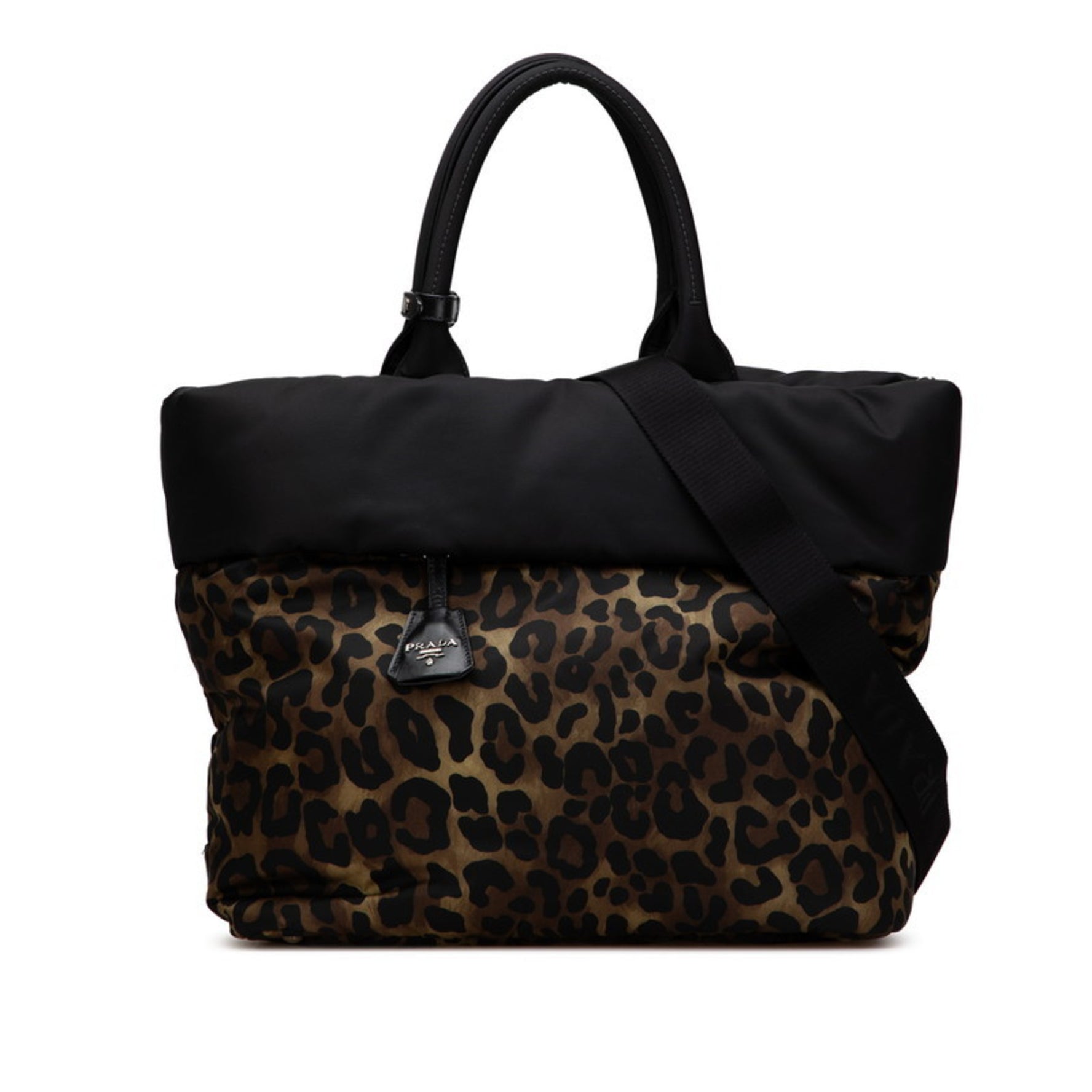 Prada Triangle Logo Plate Leopard Print Reversible Handbag/Shoulder Bag, Khaki Green/Black Nylon