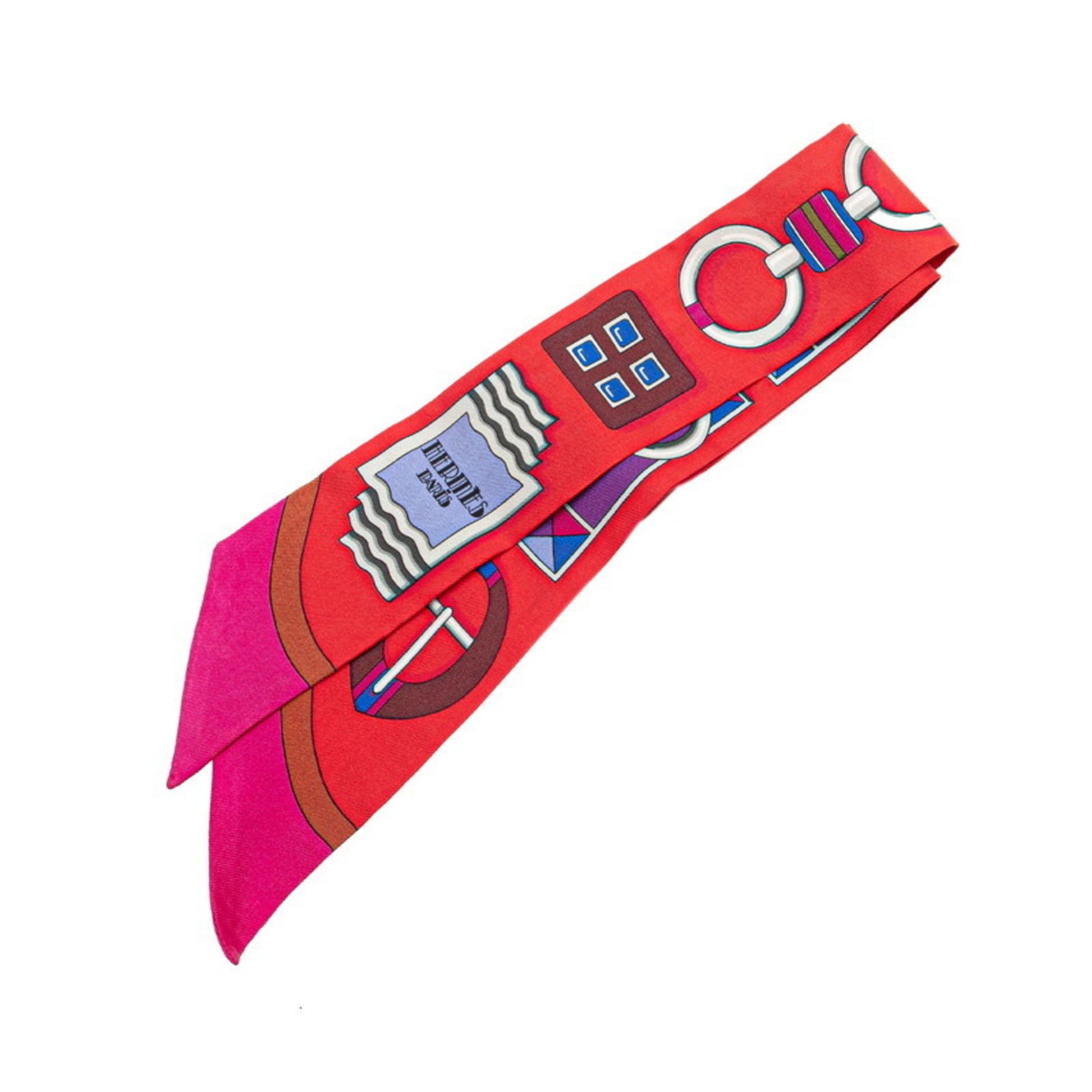 Hermes Twilly CARRE EN BOUCLES Scarf Muffler Red Silver Multicolor Silk