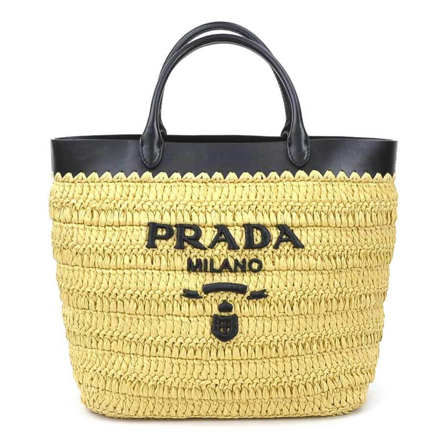 PRADA Handbag Shoulder Bag Small Crochet x Leather Tote Rayon Natural