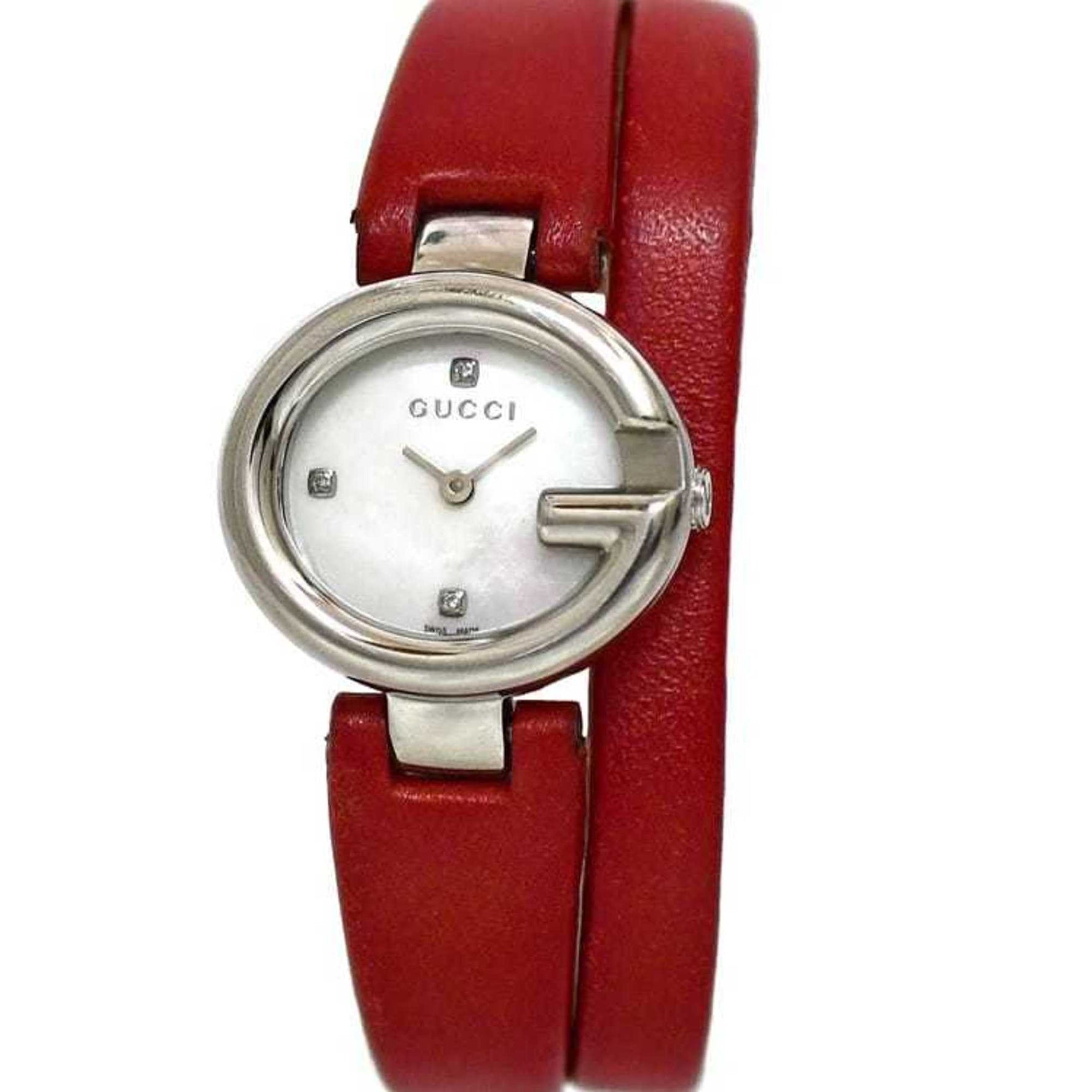Gucci Watch Shell Silver Red G Balloon 134.5 Double SS Leather Quartz 1432**** Stone Battery Vivid