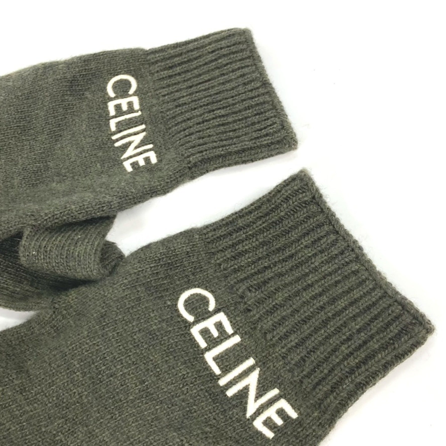 CELINE Logo Embroidered Wool Gloves Khaki